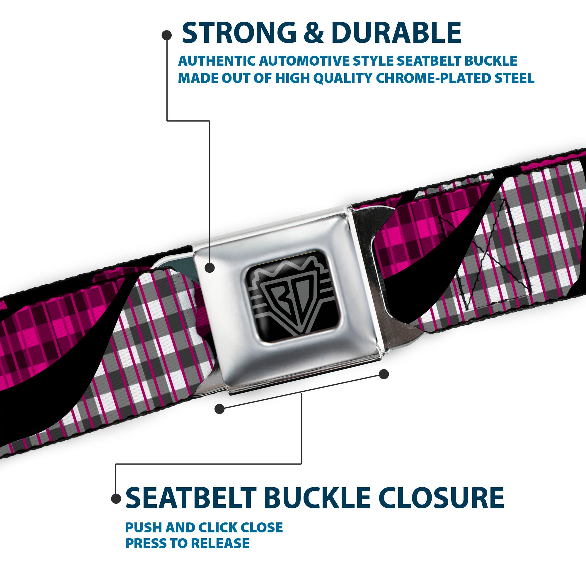 BD Wings Logo CLOSE-UP Full Color Black Silver Seatbelt Belt - Buffalo Plaid Abstract White/Black/Fuchsia Webbing Seatbelt Belts Buckle-Down