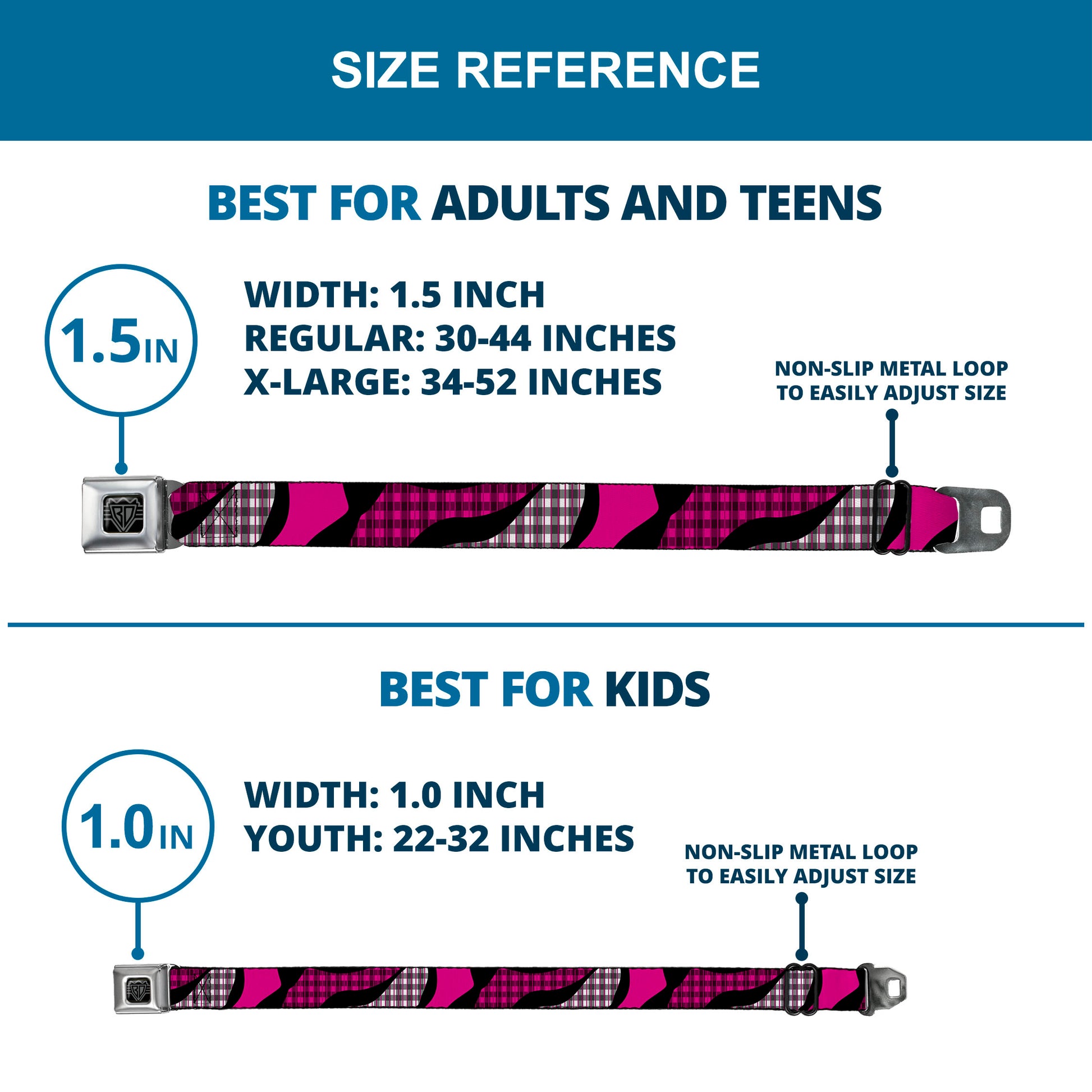 BD Wings Logo CLOSE-UP Full Color Black Silver Seatbelt Belt - Buffalo Plaid Abstract White/Black/Fuchsia Webbing Seatbelt Belts Buckle-Down