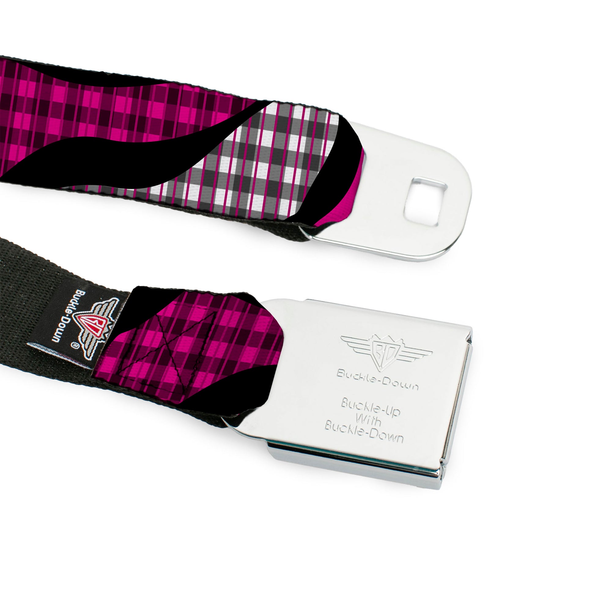 BD Wings Logo CLOSE-UP Full Color Black Silver Seatbelt Belt - Buffalo Plaid Abstract White/Black/Fuchsia Webbing Seatbelt Belts Buckle-Down