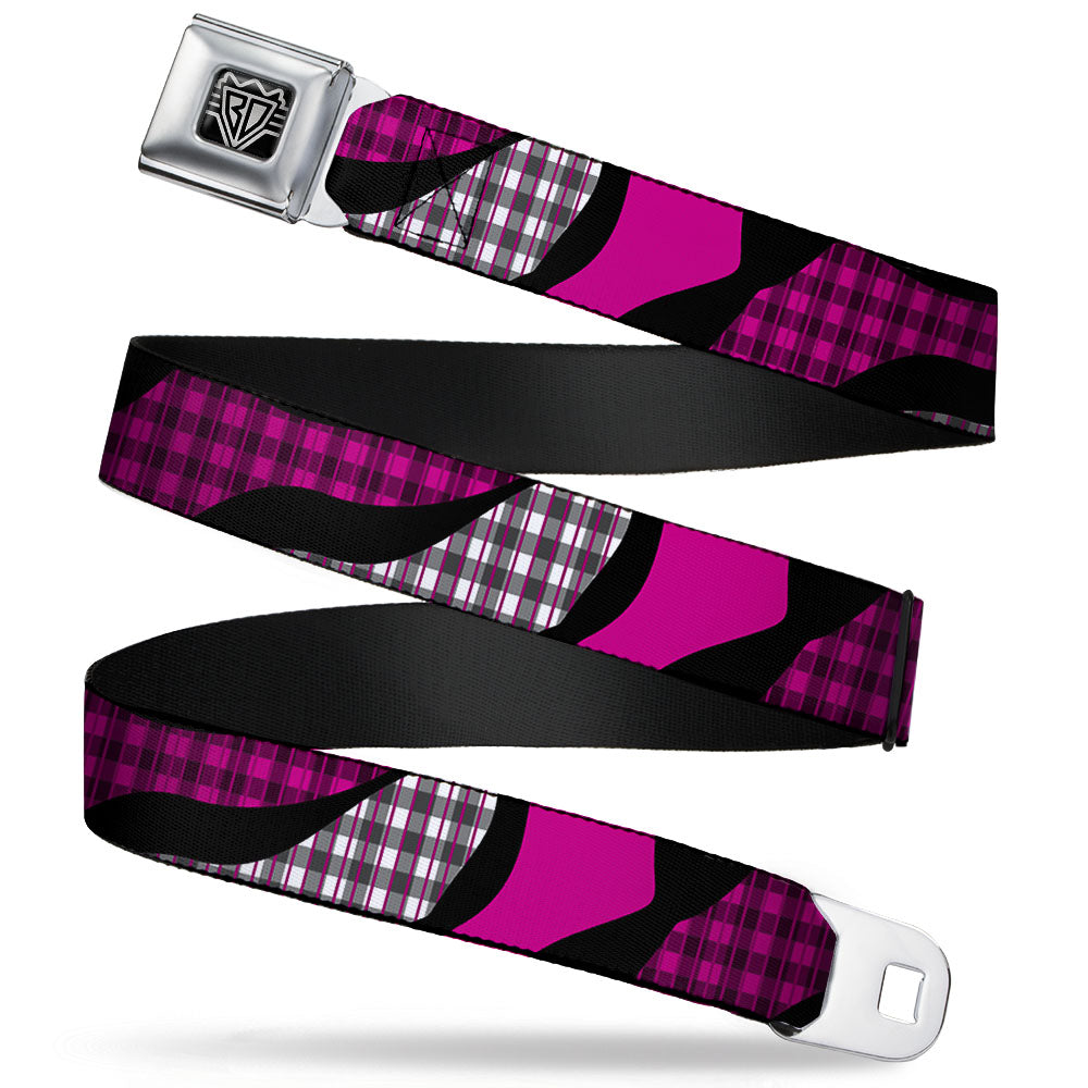 BD Wings Logo CLOSE-UP Full Color Black Silver Seatbelt Belt - Buffalo Plaid Abstract White/Black/Fuchsia Webbing Seatbelt Belts Buckle-Down