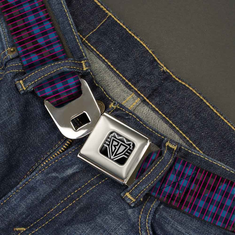 BD Wings Logo CLOSE-UP Full Color Black Silver Seatbelt Belt - Buffalo Plaid Abstract White/Black/Turquoise Webbing Seatbelt Belts Buckle-Down