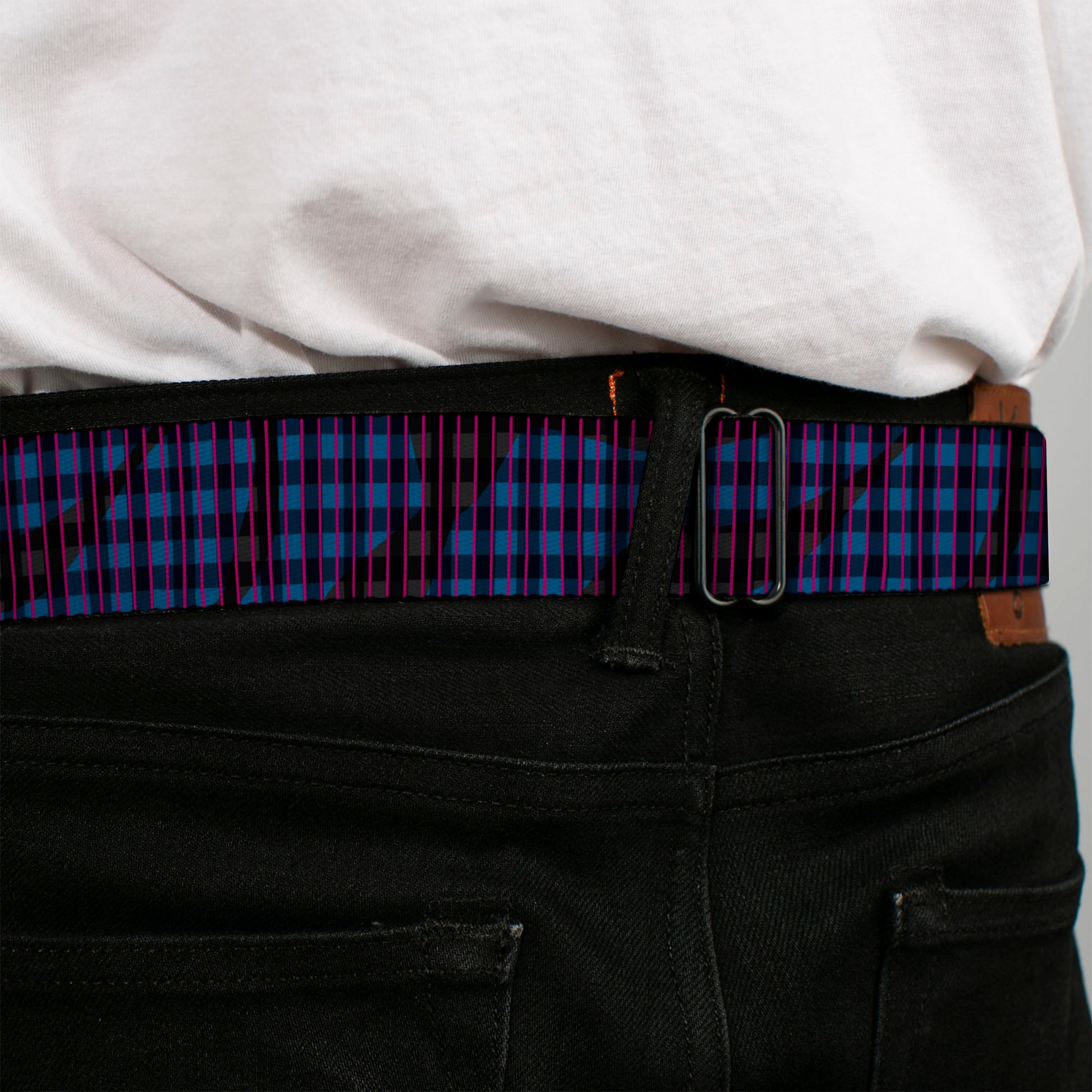 BD Wings Logo CLOSE-UP Full Color Black Silver Seatbelt Belt - Buffalo Plaid Abstract White/Black/Turquoise Webbing Seatbelt Belts Buckle-Down