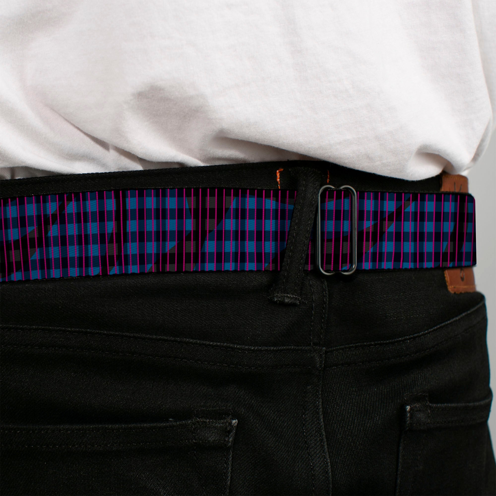 BD Wings Logo CLOSE-UP Full Color Black Silver Seatbelt Belt - Buffalo Plaid Abstract White/Black/Turquoise Webbing Seatbelt Belts Buckle-Down