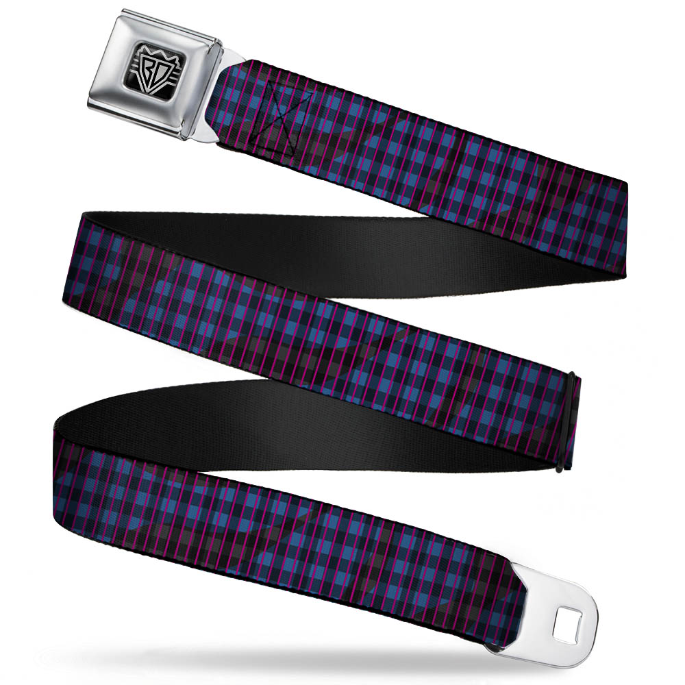 BD Wings Logo CLOSE-UP Full Color Black Silver Seatbelt Belt - Buffalo Plaid Abstract White/Black/Turquoise Webbing Seatbelt Belts Buckle-Down