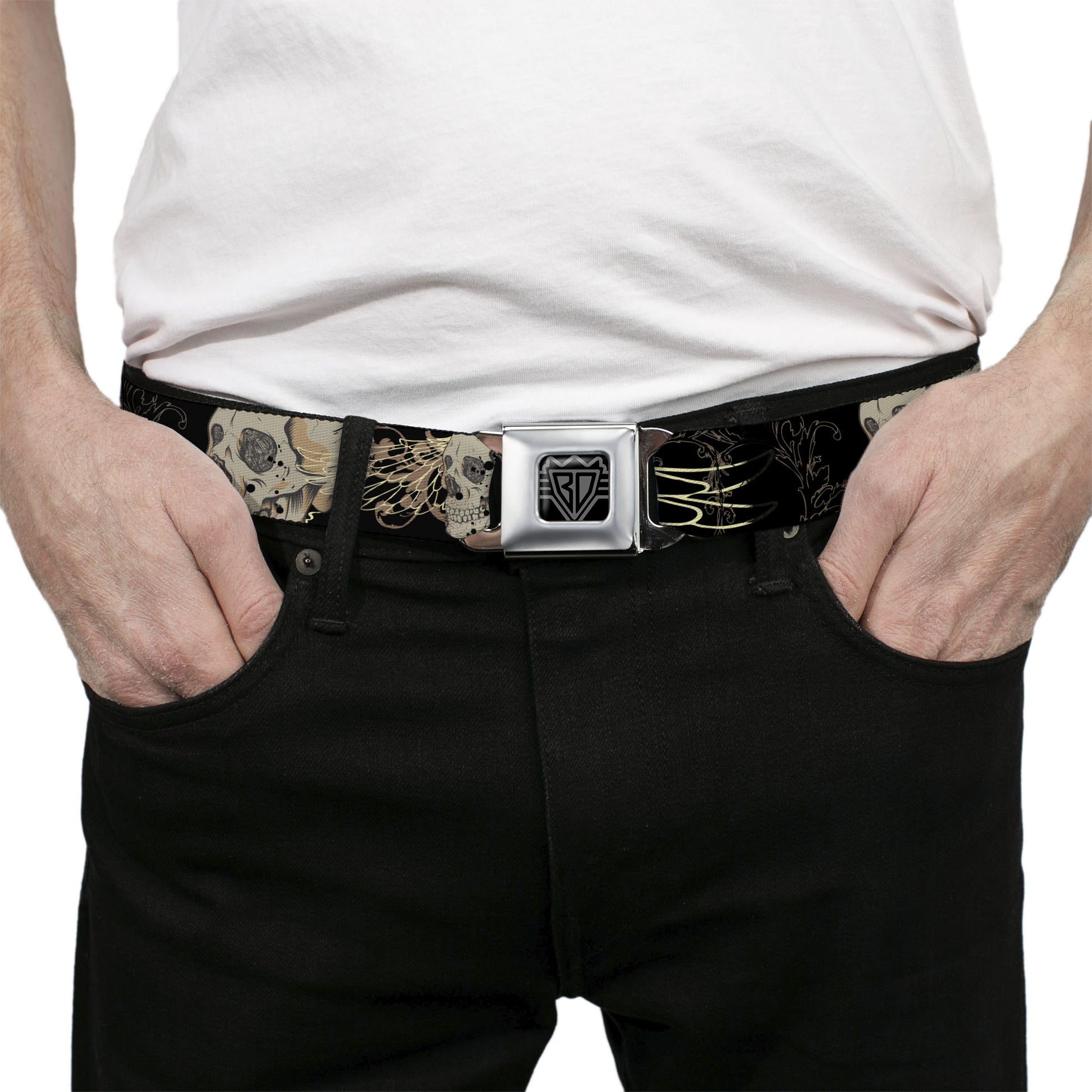 BD Wings Logo CLOSE-UP Full Color Black Silver Seatbelt Belt - BD Die Hard Skull 01 Webbing Seatbelt Belts Buckle-Down