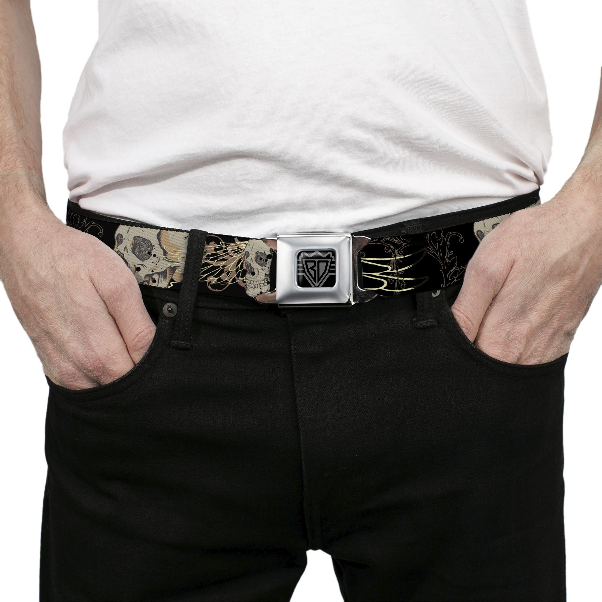 BD Wings Logo CLOSE-UP Full Color Black Silver Seatbelt Belt - BD Die Hard Skull 01 Webbing Seatbelt Belts Buckle-Down