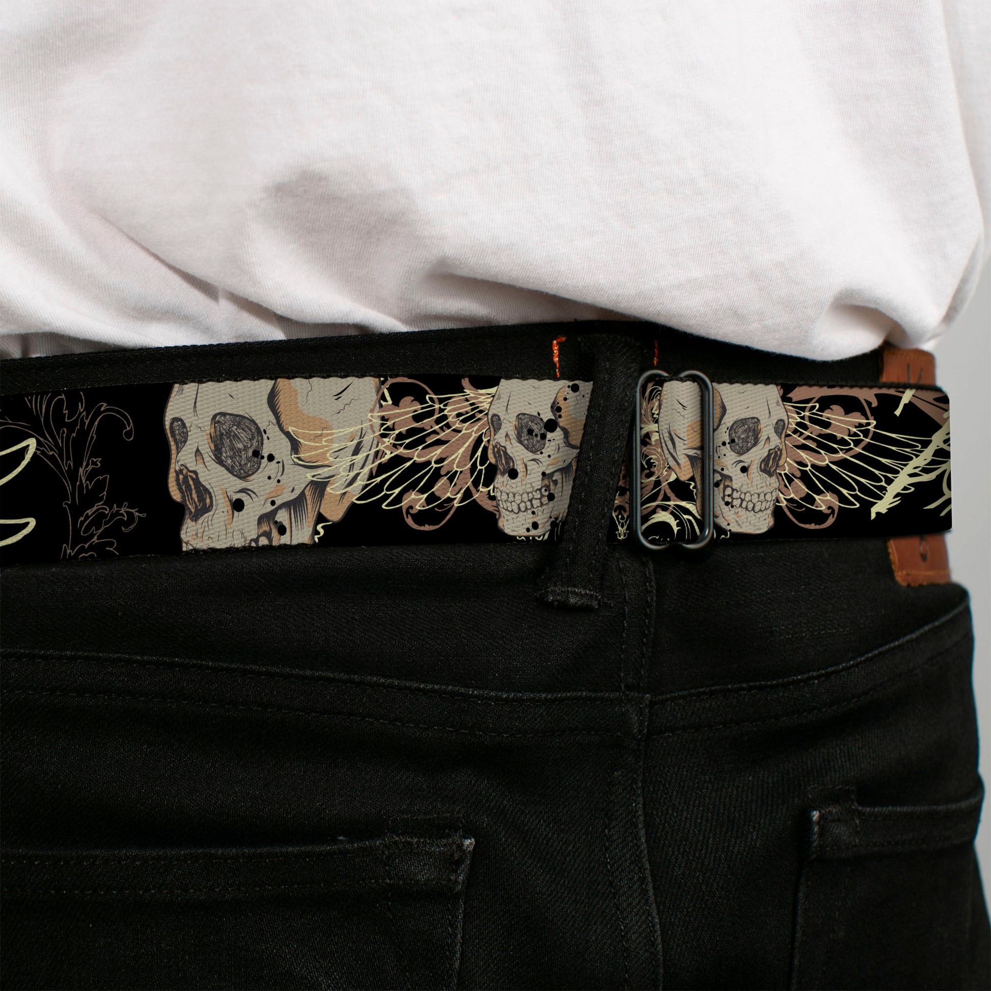 BD Wings Logo CLOSE-UP Full Color Black Silver Seatbelt Belt - BD Die Hard Skull 01 Webbing Seatbelt Belts Buckle-Down