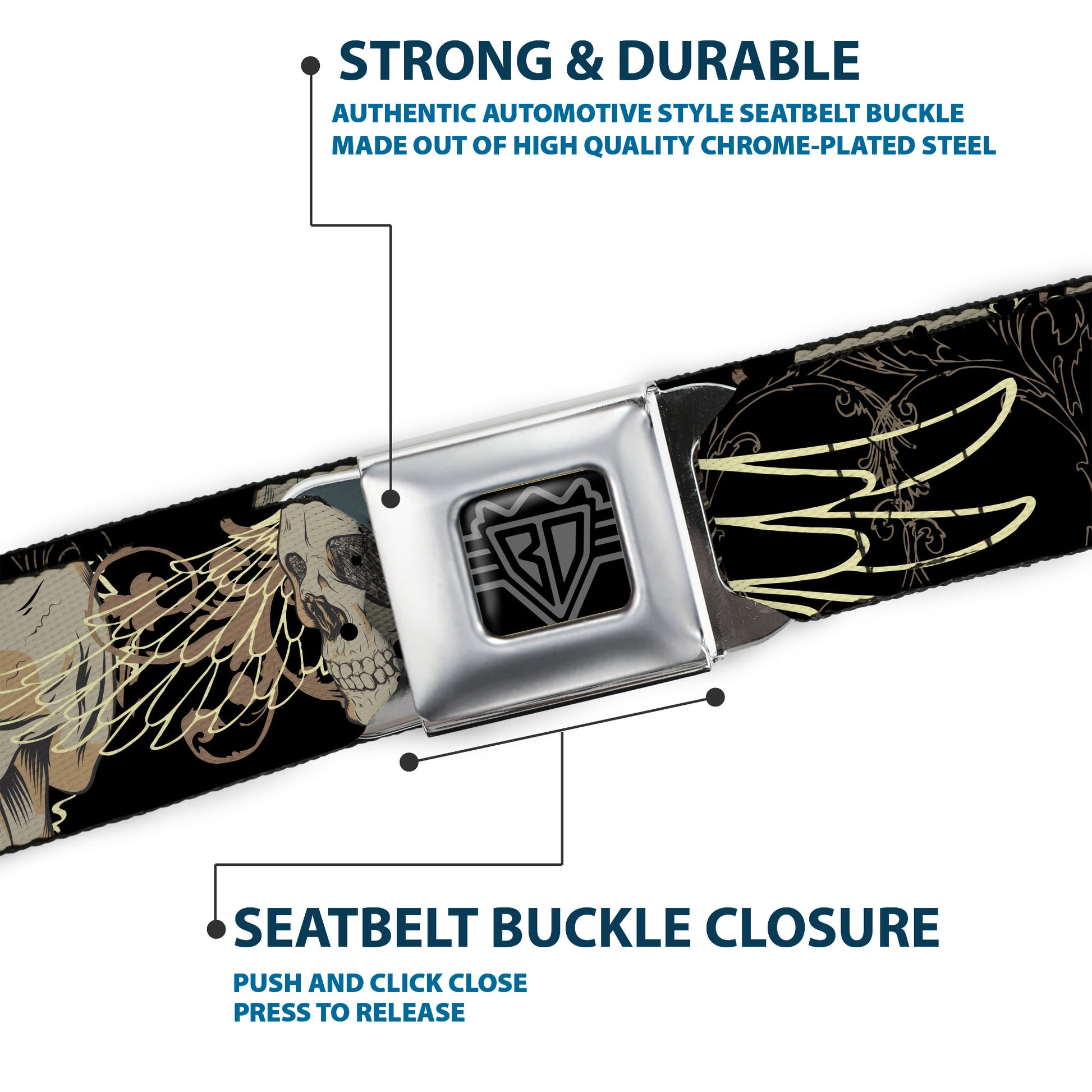 BD Wings Logo CLOSE-UP Full Color Black Silver Seatbelt Belt - BD Die Hard Skull 01 Webbing Seatbelt Belts Buckle-Down