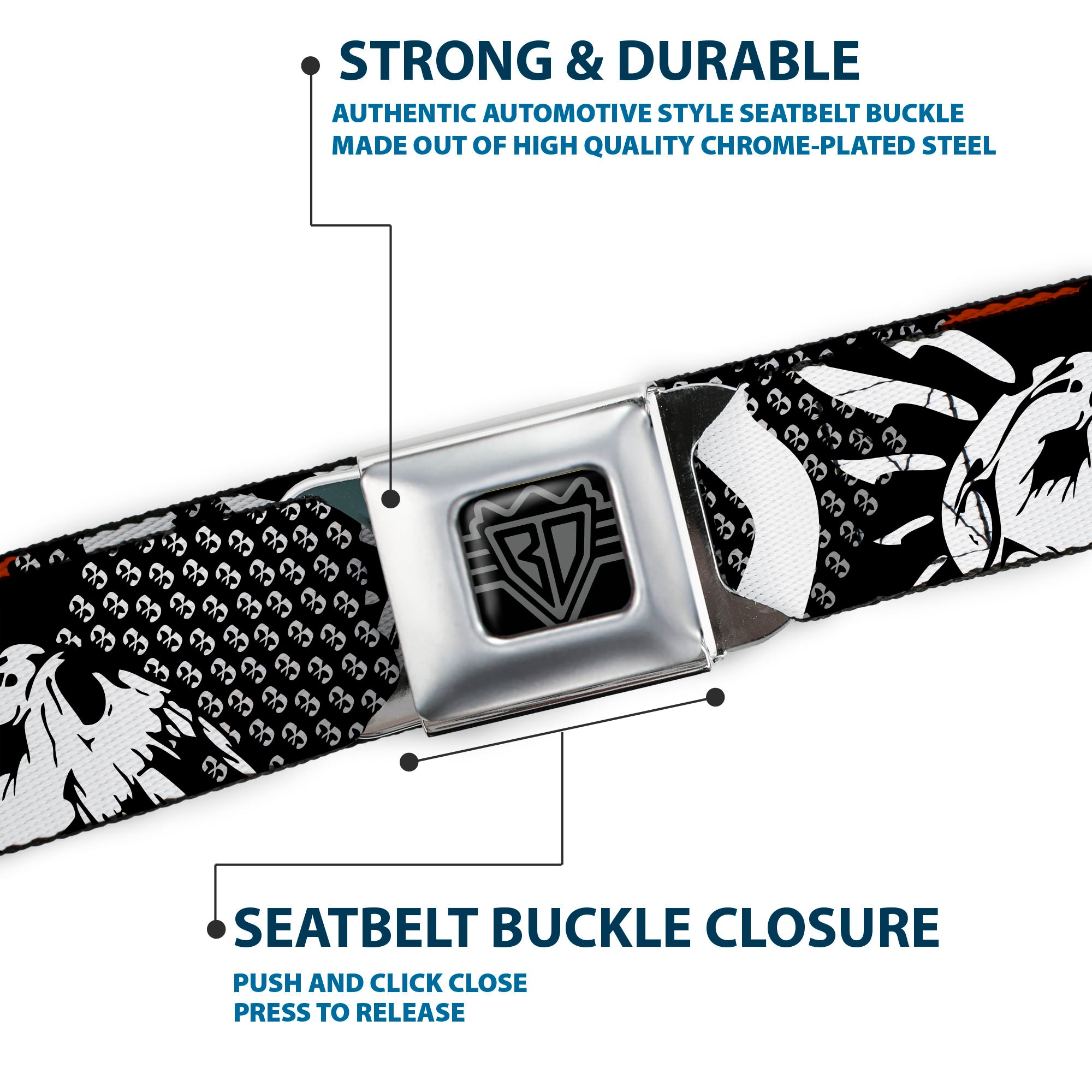 BD Wings Logo CLOSE-UP Full Color Black Silver Seatbelt Belt - BD Die Hard Skull 01 Webbing Seatbelt Belts Buckle-Down