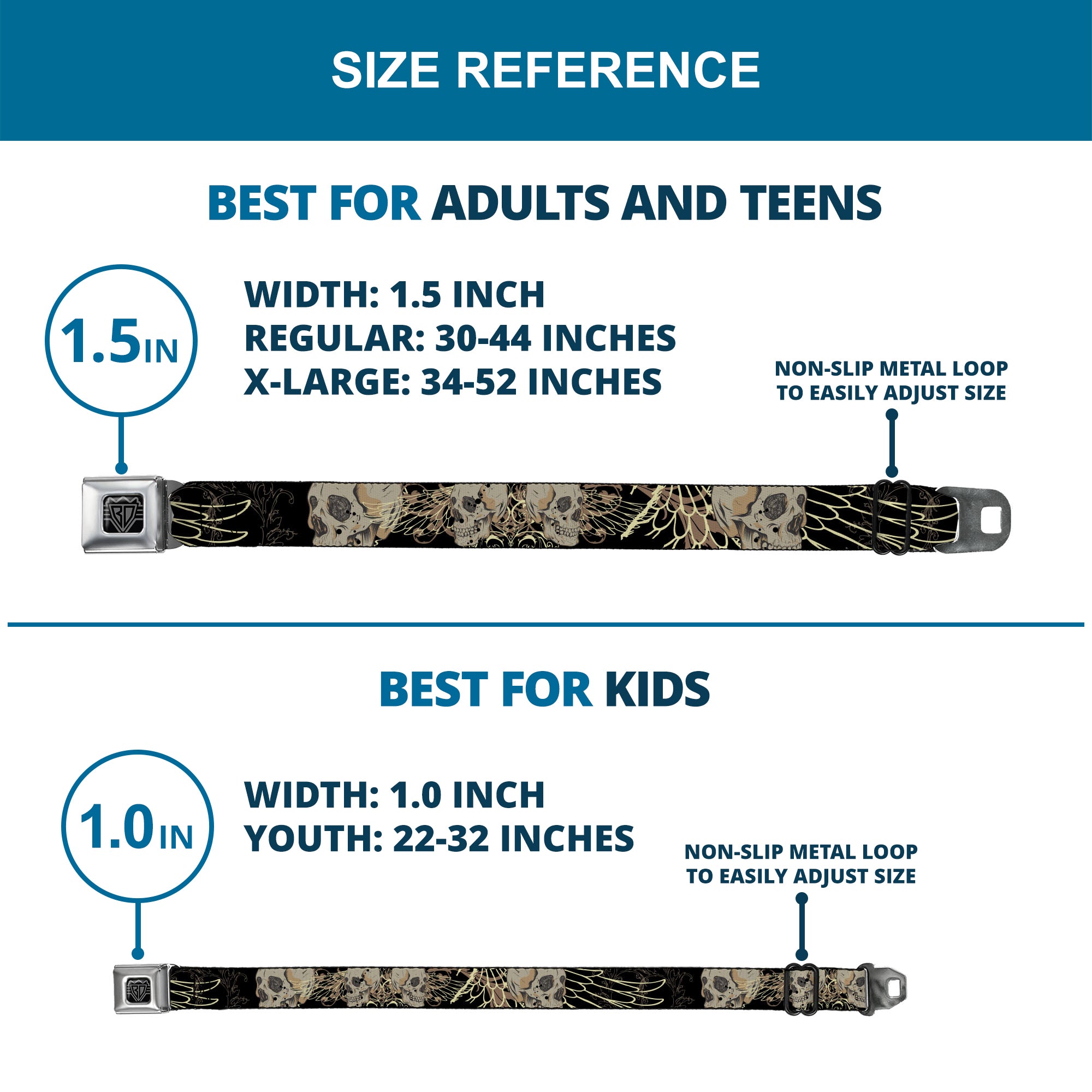 BD Wings Logo CLOSE-UP Full Color Black Silver Seatbelt Belt - BD Die Hard Skull 01 Webbing Seatbelt Belts Buckle-Down