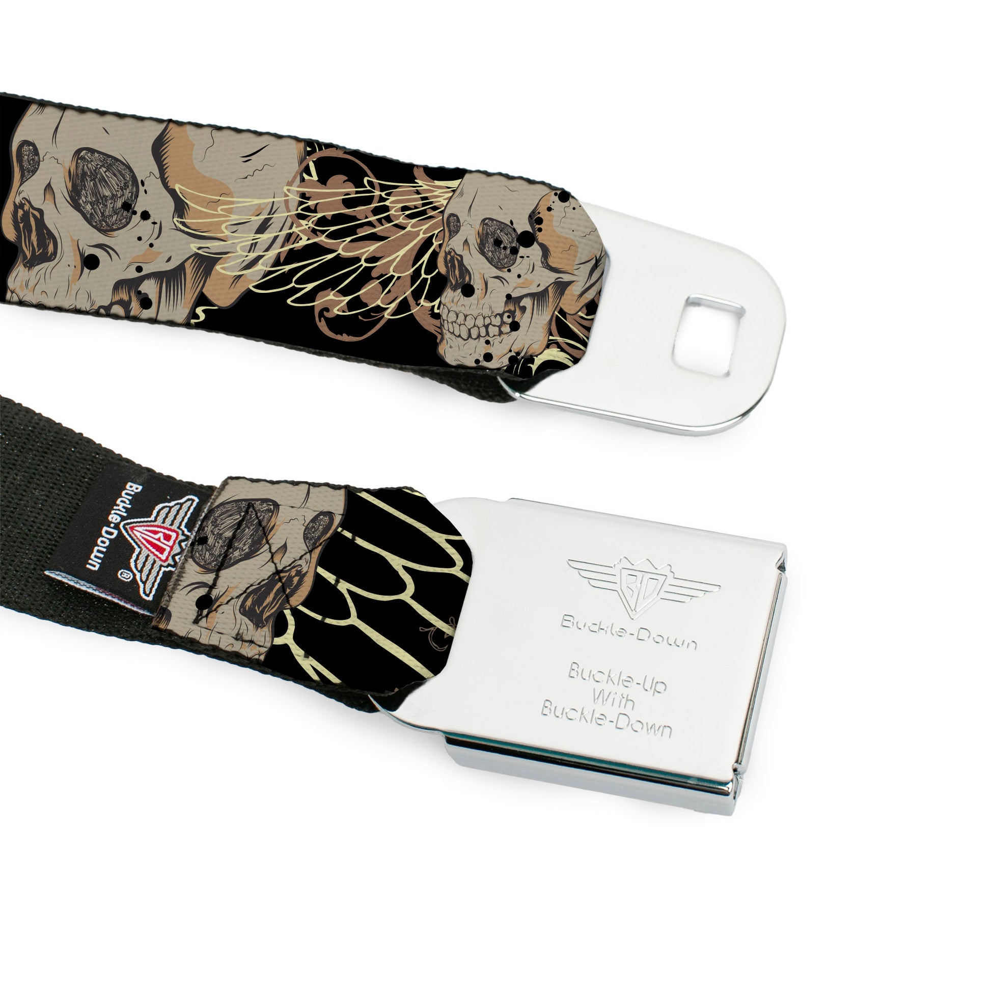BD Wings Logo CLOSE-UP Full Color Black Silver Seatbelt Belt - BD Die Hard Skull 01 Webbing Seatbelt Belts Buckle-Down