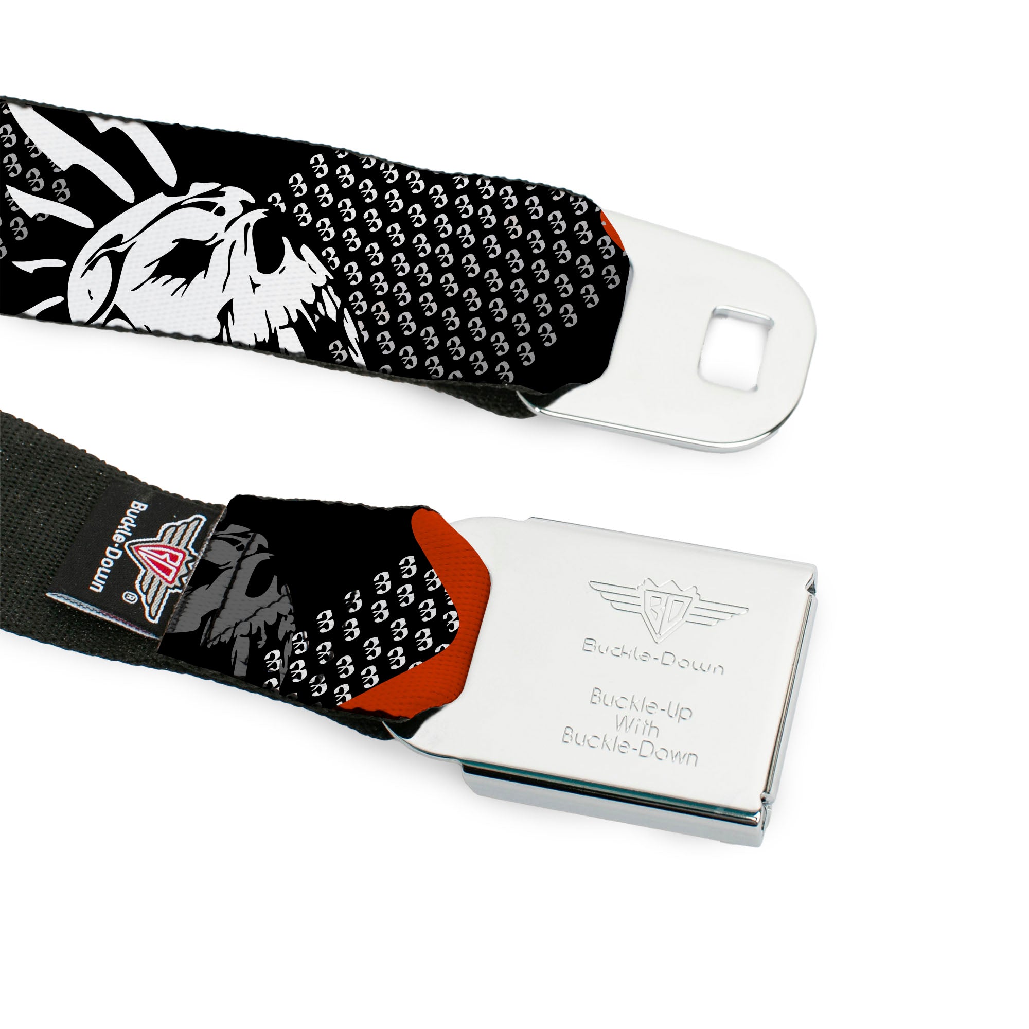 BD Wings Logo CLOSE-UP Full Color Black Silver Seatbelt Belt - BD Die Hard Skull 01 Webbing Seatbelt Belts Buckle-Down