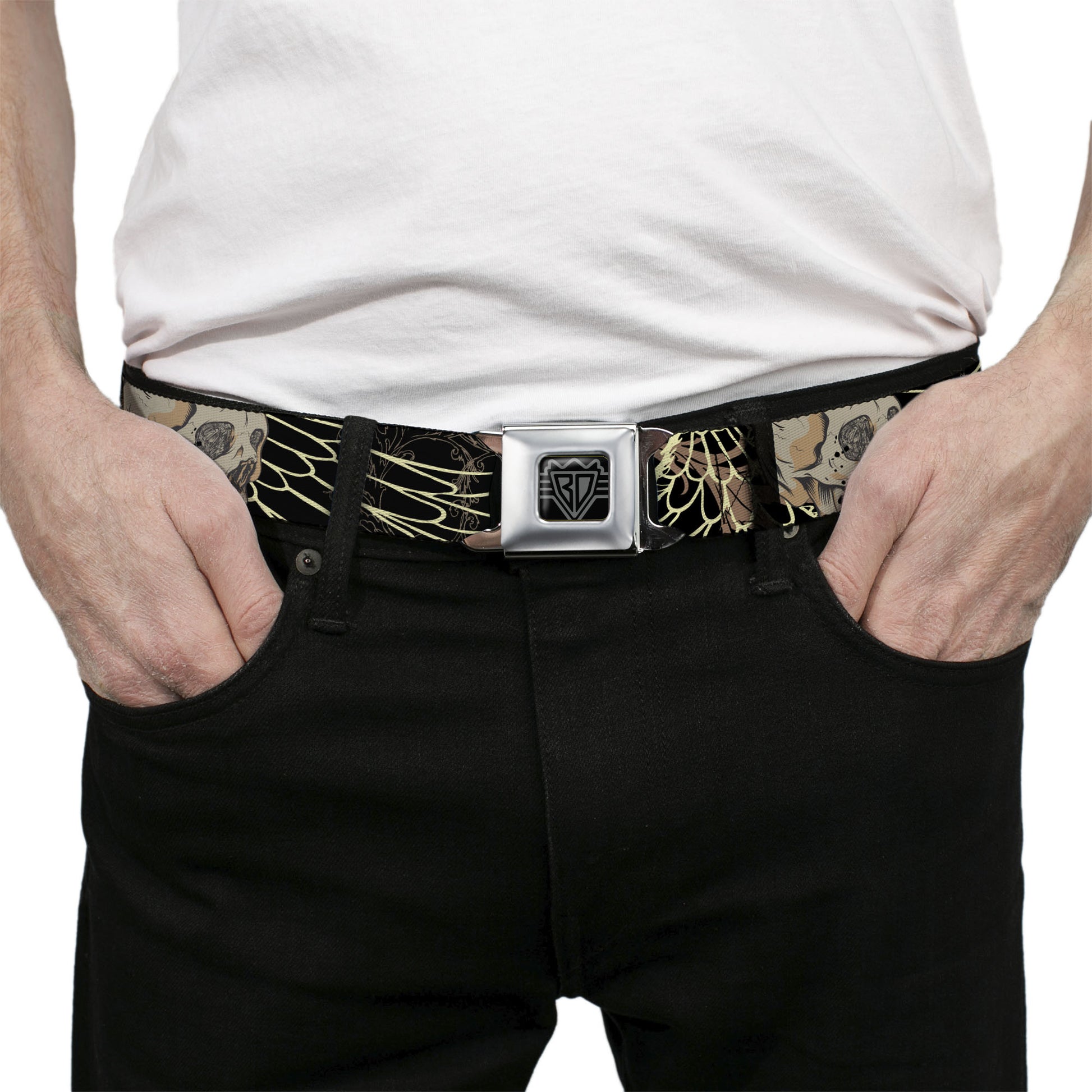 BD Wings Logo CLOSE-UP Full Color Black Silver Seatbelt Belt - BD Die Hard Skull 02 Webbing Seatbelt Belts Buckle-Down
