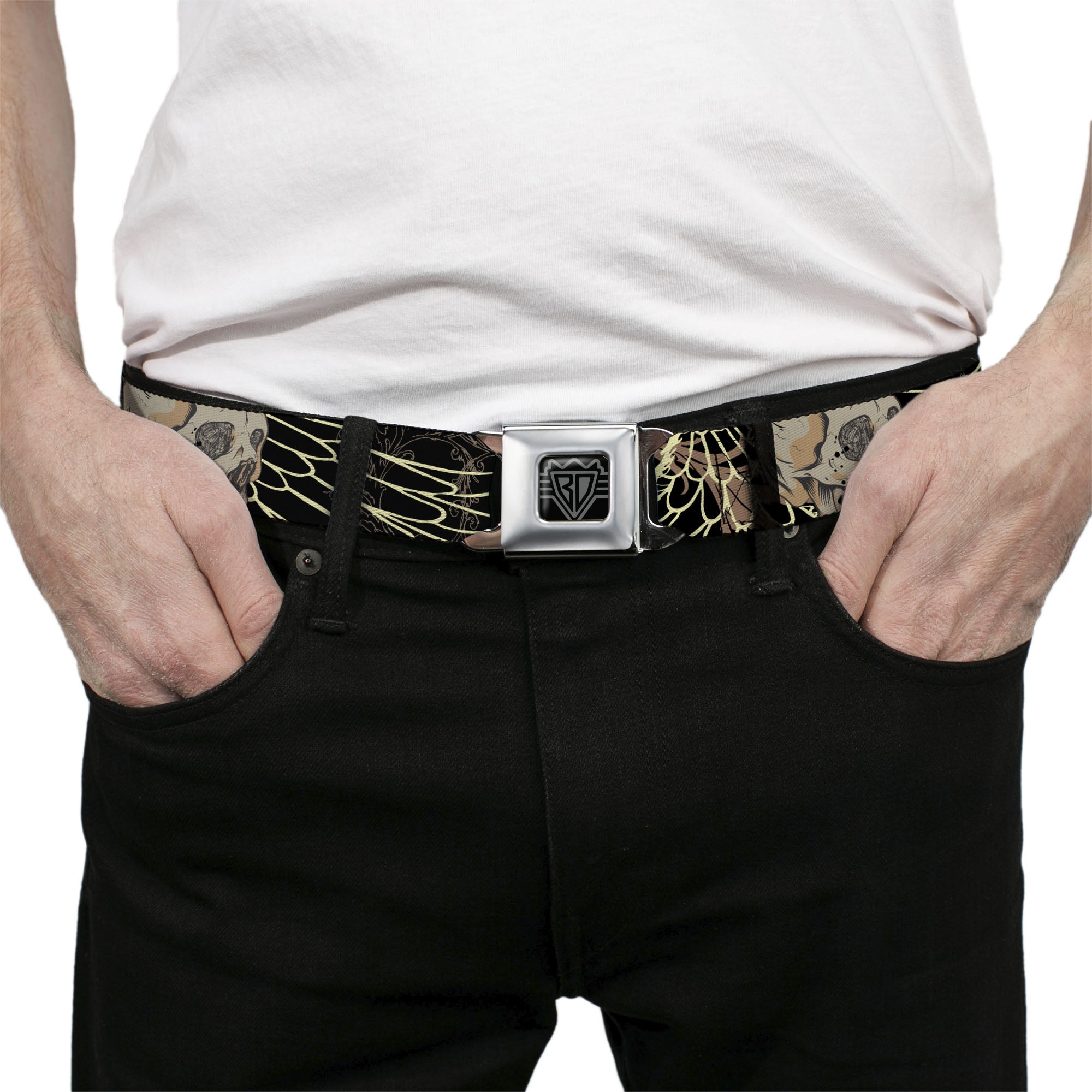 BD Wings Logo CLOSE-UP Full Color Black Silver Seatbelt Belt - BD Die Hard Skull 02 Webbing Seatbelt Belts Buckle-Down