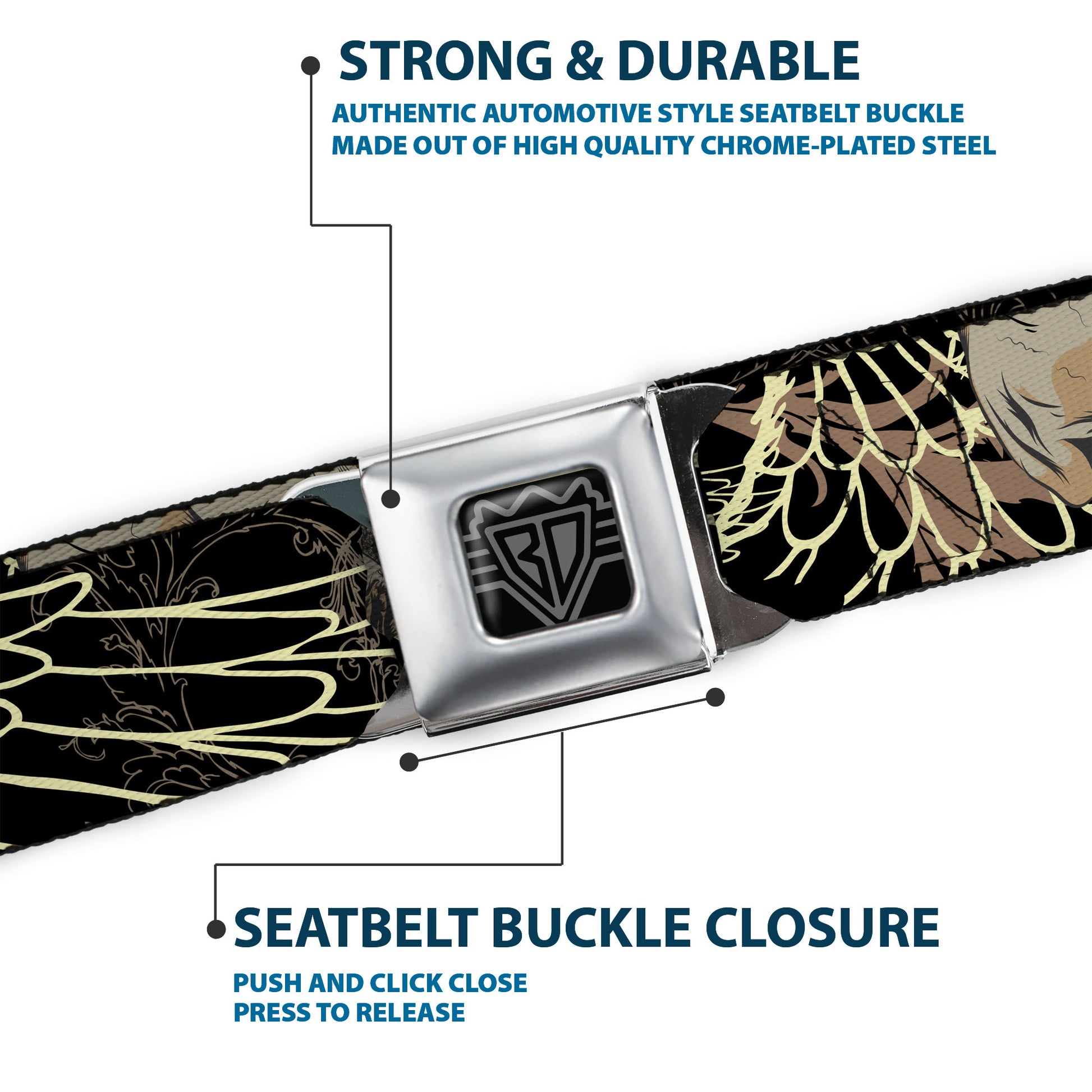 BD Wings Logo CLOSE-UP Full Color Black Silver Seatbelt Belt - BD Die Hard Skull 02 Webbing Seatbelt Belts Buckle-Down