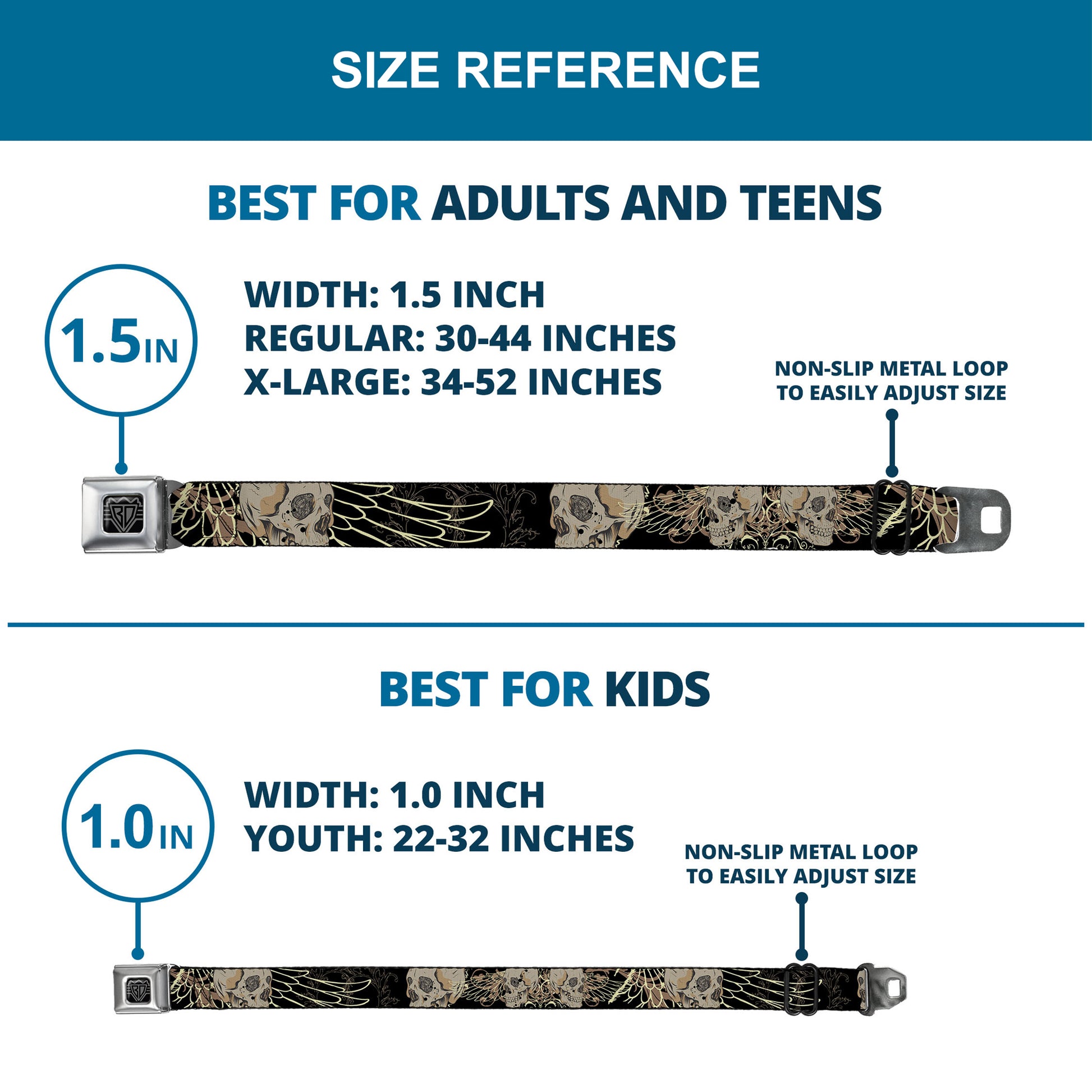 BD Wings Logo CLOSE-UP Full Color Black Silver Seatbelt Belt - BD Die Hard Skull 02 Webbing Seatbelt Belts Buckle-Down