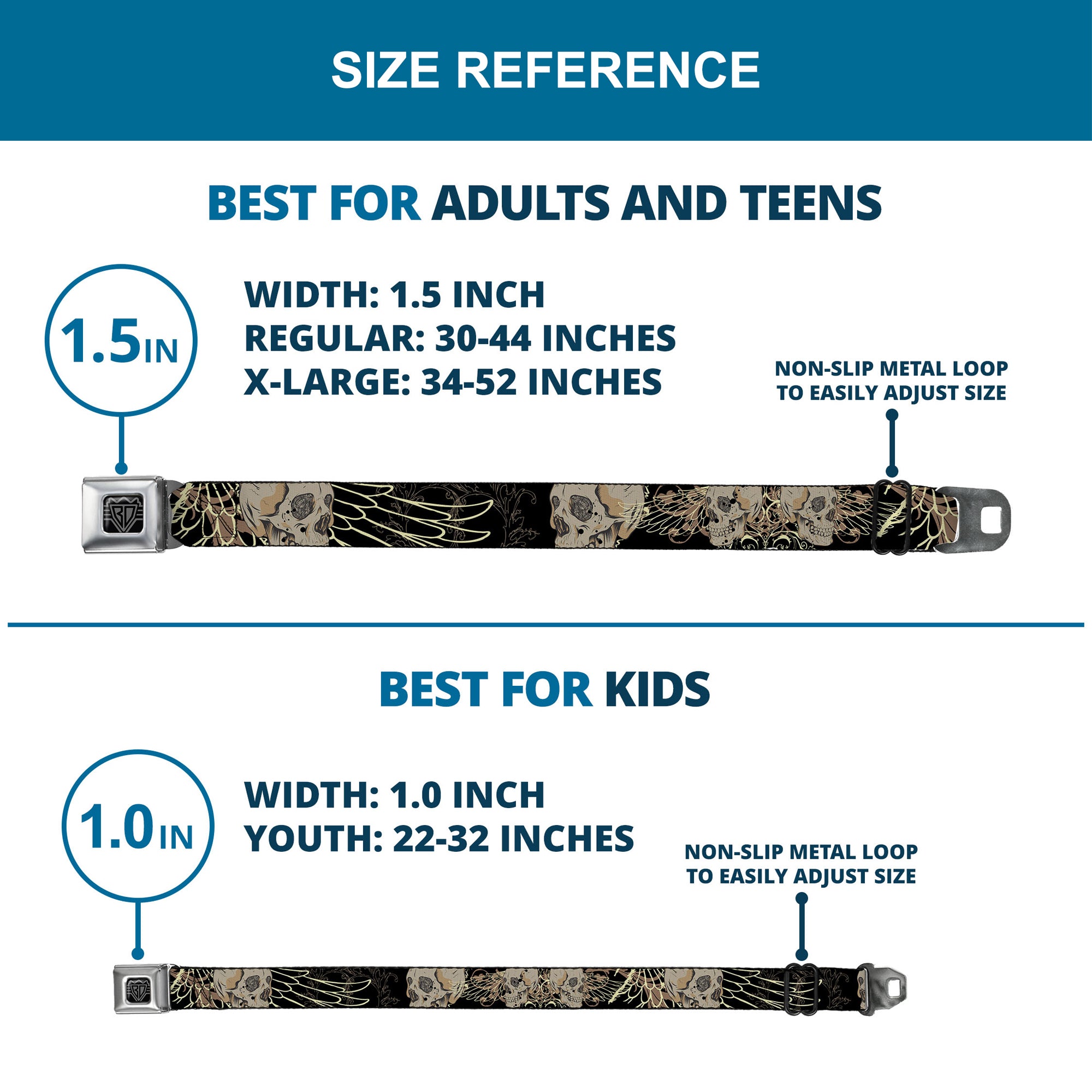 BD Wings Logo CLOSE-UP Full Color Black Silver Seatbelt Belt - BD Die Hard Skull 02 Webbing Seatbelt Belts Buckle-Down