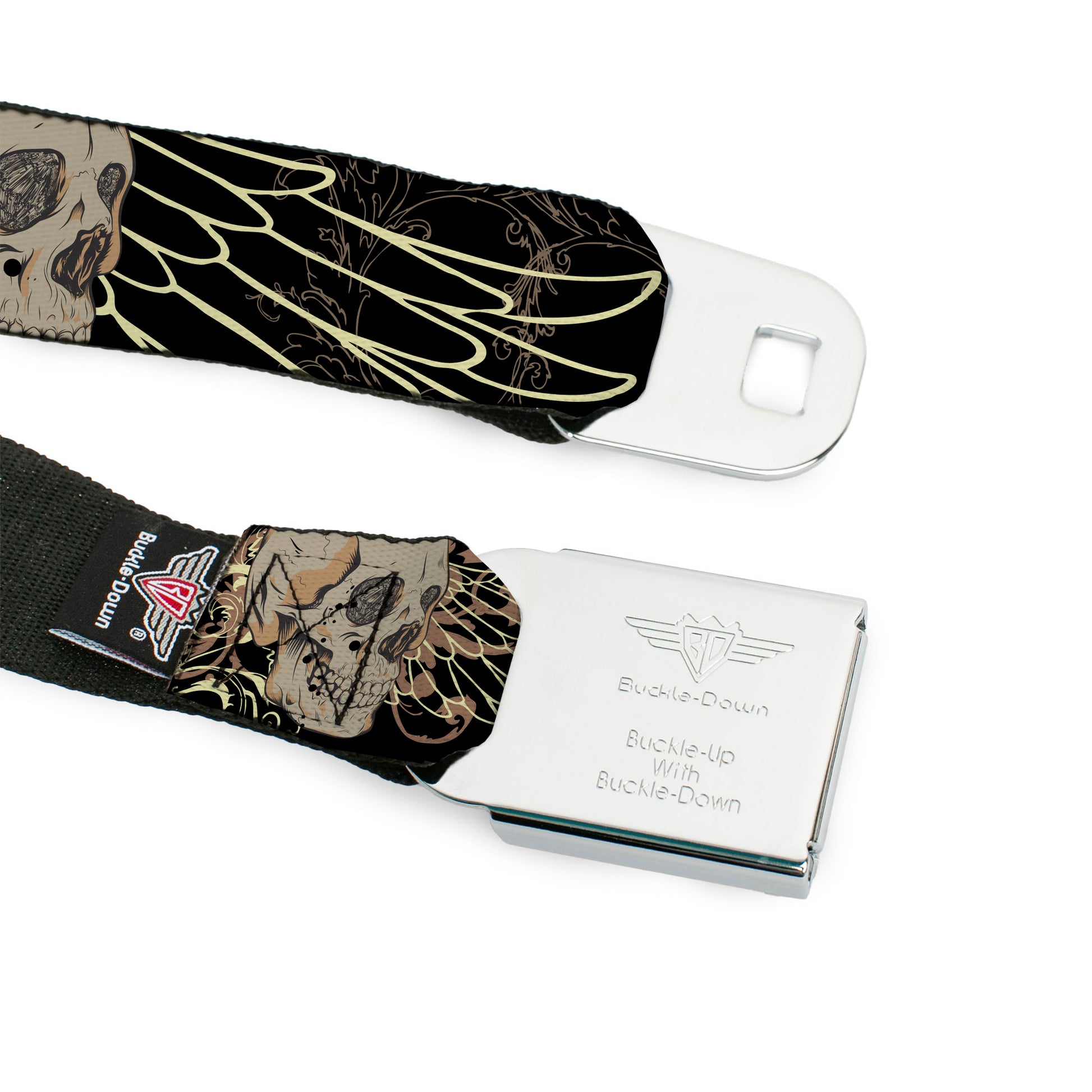 BD Wings Logo CLOSE-UP Full Color Black Silver Seatbelt Belt - BD Die Hard Skull 02 Webbing Seatbelt Belts Buckle-Down