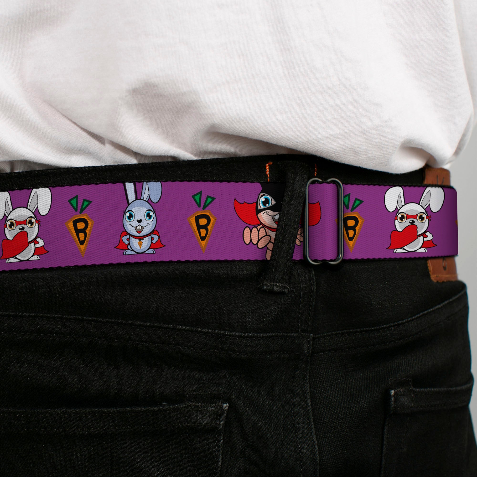 BD Wings Logo CLOSE-UP Full Color Black Silver Seatbelt Belt - Bunny Superhero Purple Webbing Seatbelt Belts Buckle-Down