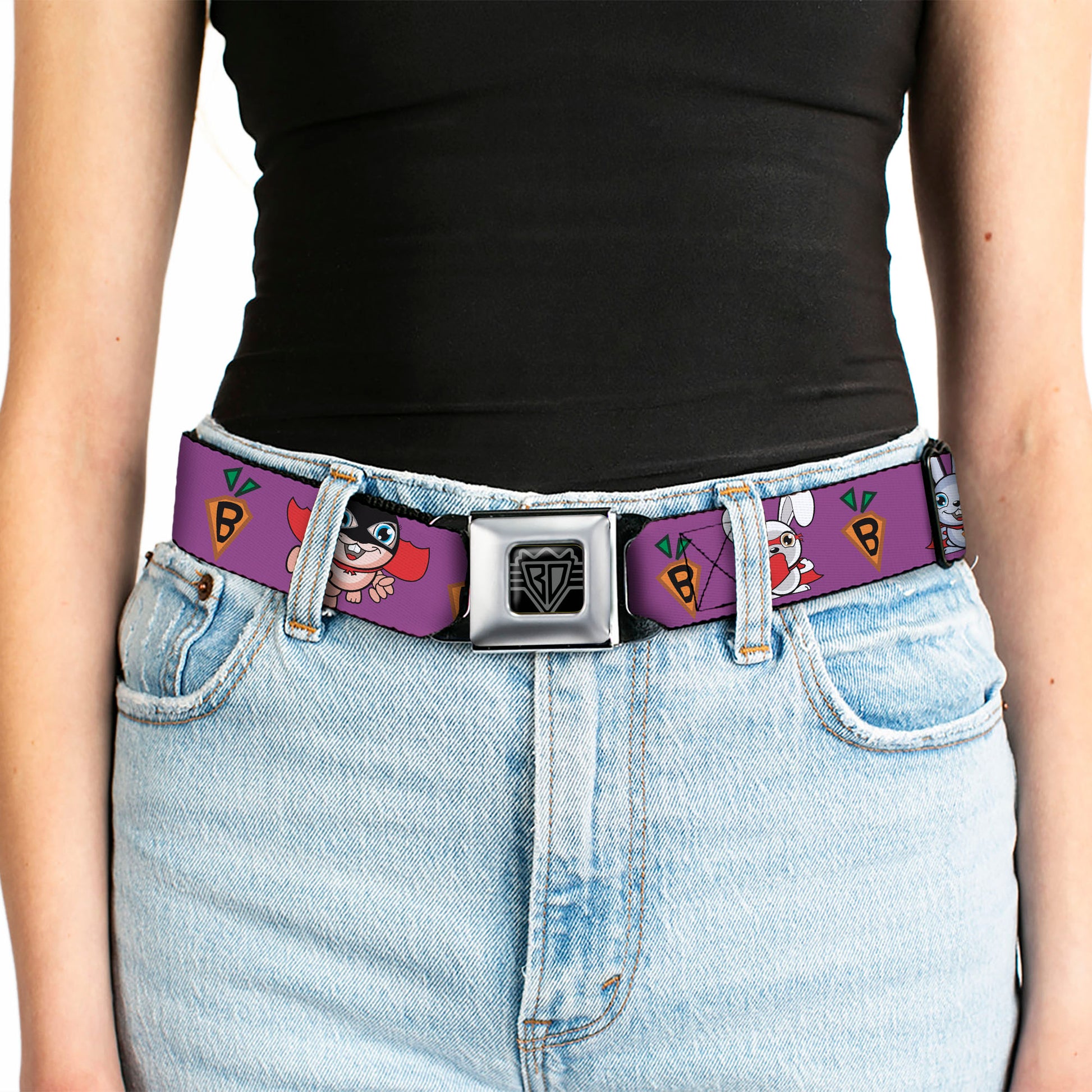 BD Wings Logo CLOSE-UP Full Color Black Silver Seatbelt Belt - Bunny Superhero Purple Webbing Seatbelt Belts Buckle-Down