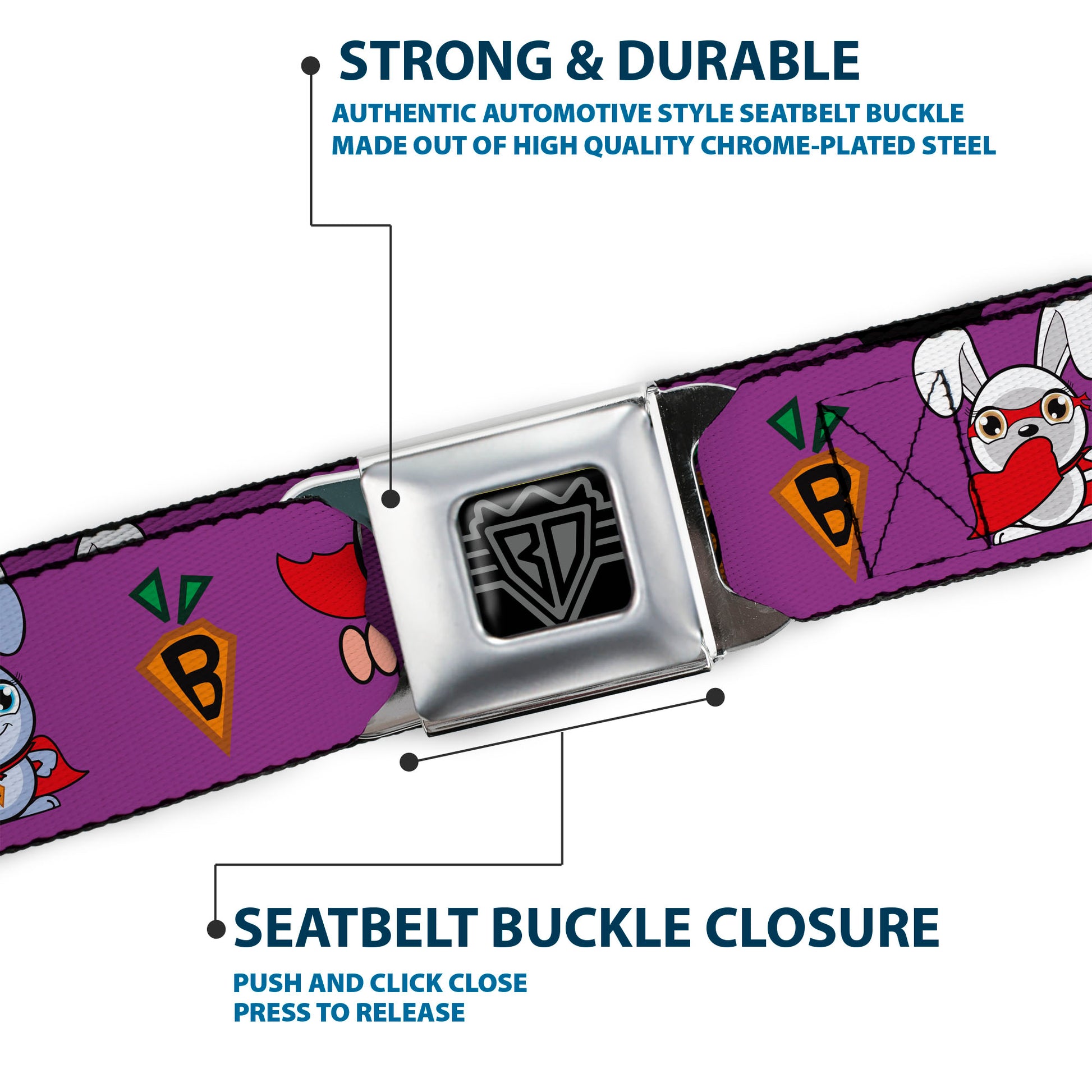 BD Wings Logo CLOSE-UP Full Color Black Silver Seatbelt Belt - Bunny Superhero Purple Webbing Seatbelt Belts Buckle-Down
