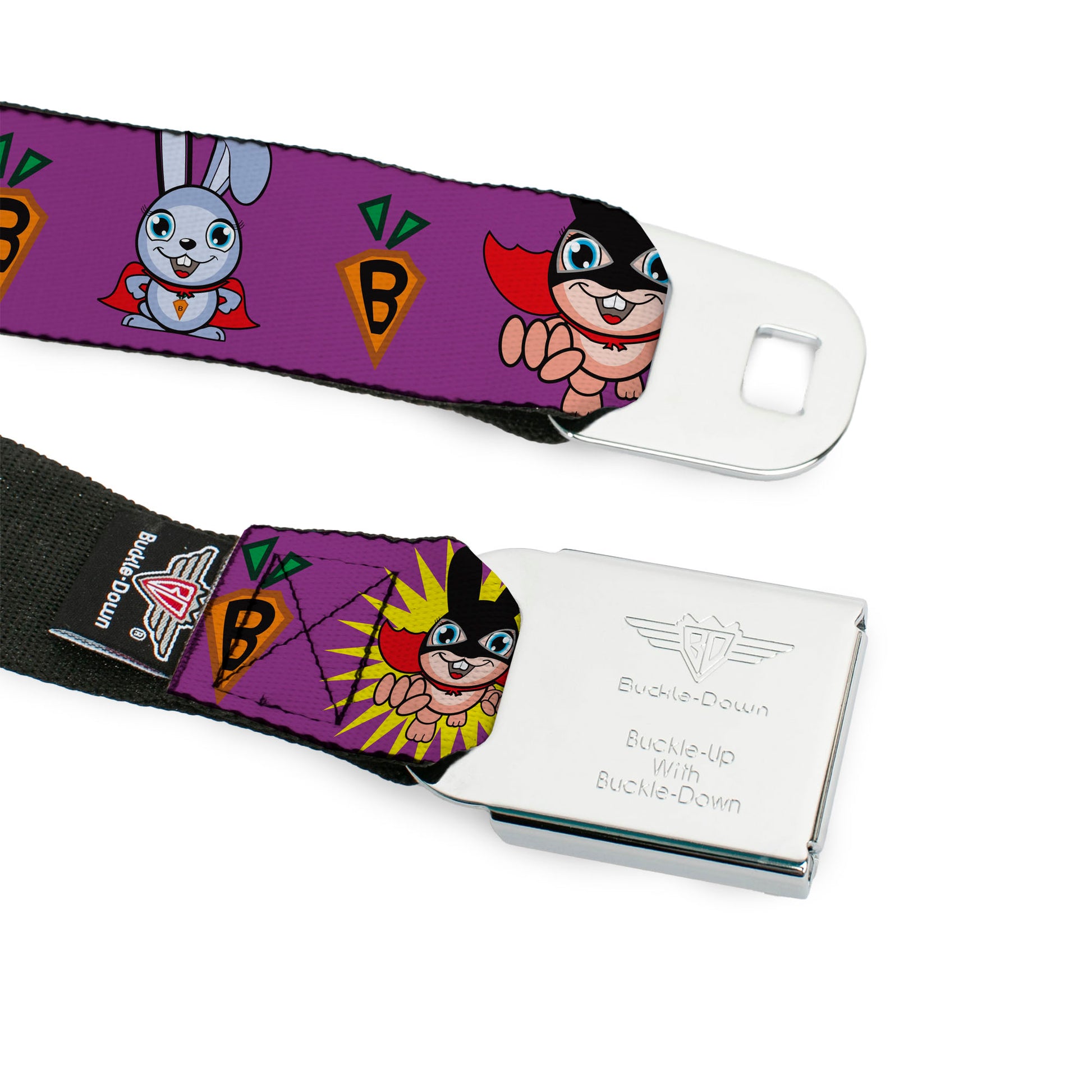 BD Wings Logo CLOSE-UP Full Color Black Silver Seatbelt Belt - Bunny Superhero Purple Webbing Seatbelt Belts Buckle-Down