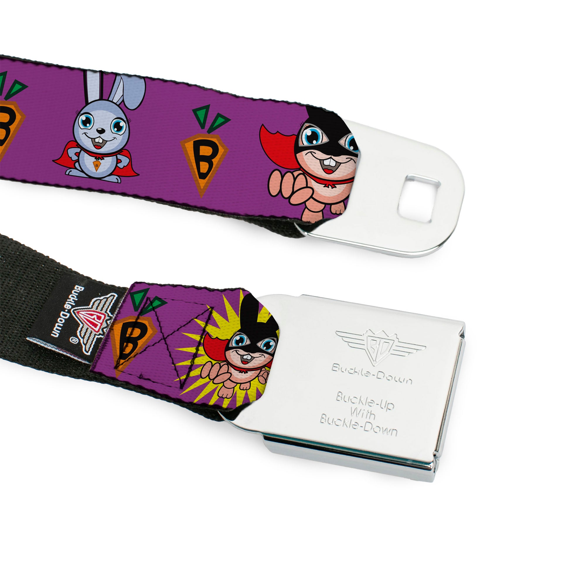 BD Wings Logo CLOSE-UP Full Color Black Silver Seatbelt Belt - Bunny Superhero Purple Webbing Seatbelt Belts Buckle-Down