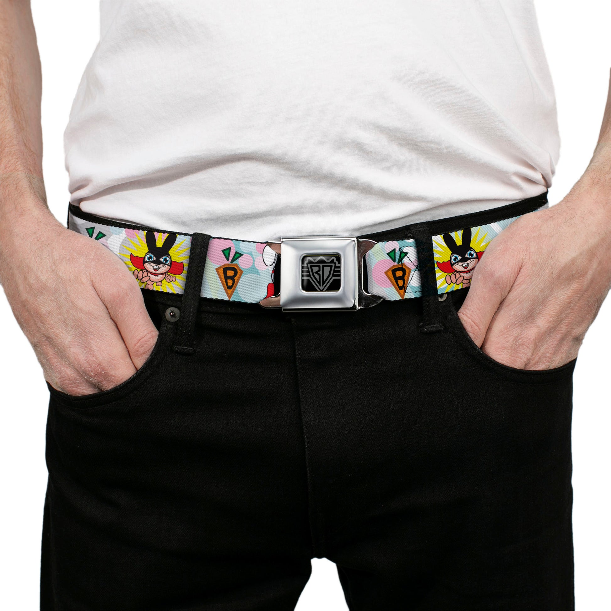 BD Wings Logo CLOSE-UP Full Color Black Silver Seatbelt Belt - Bunny Superhero Multi Pastel Webbing Seatbelt Belts Buckle-Down