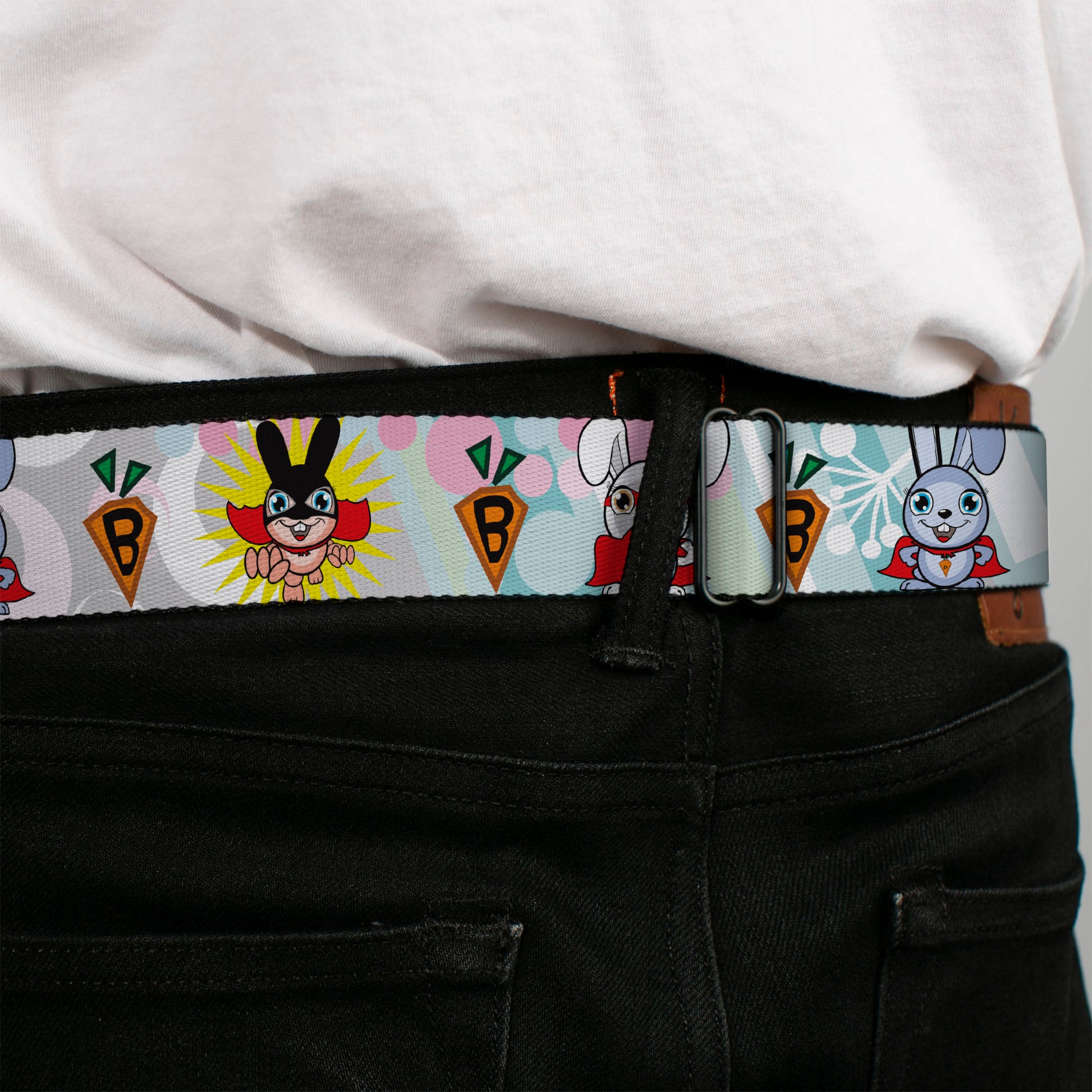BD Wings Logo CLOSE-UP Full Color Black Silver Seatbelt Belt - Bunny Superhero Multi Pastel Webbing Seatbelt Belts Buckle-Down