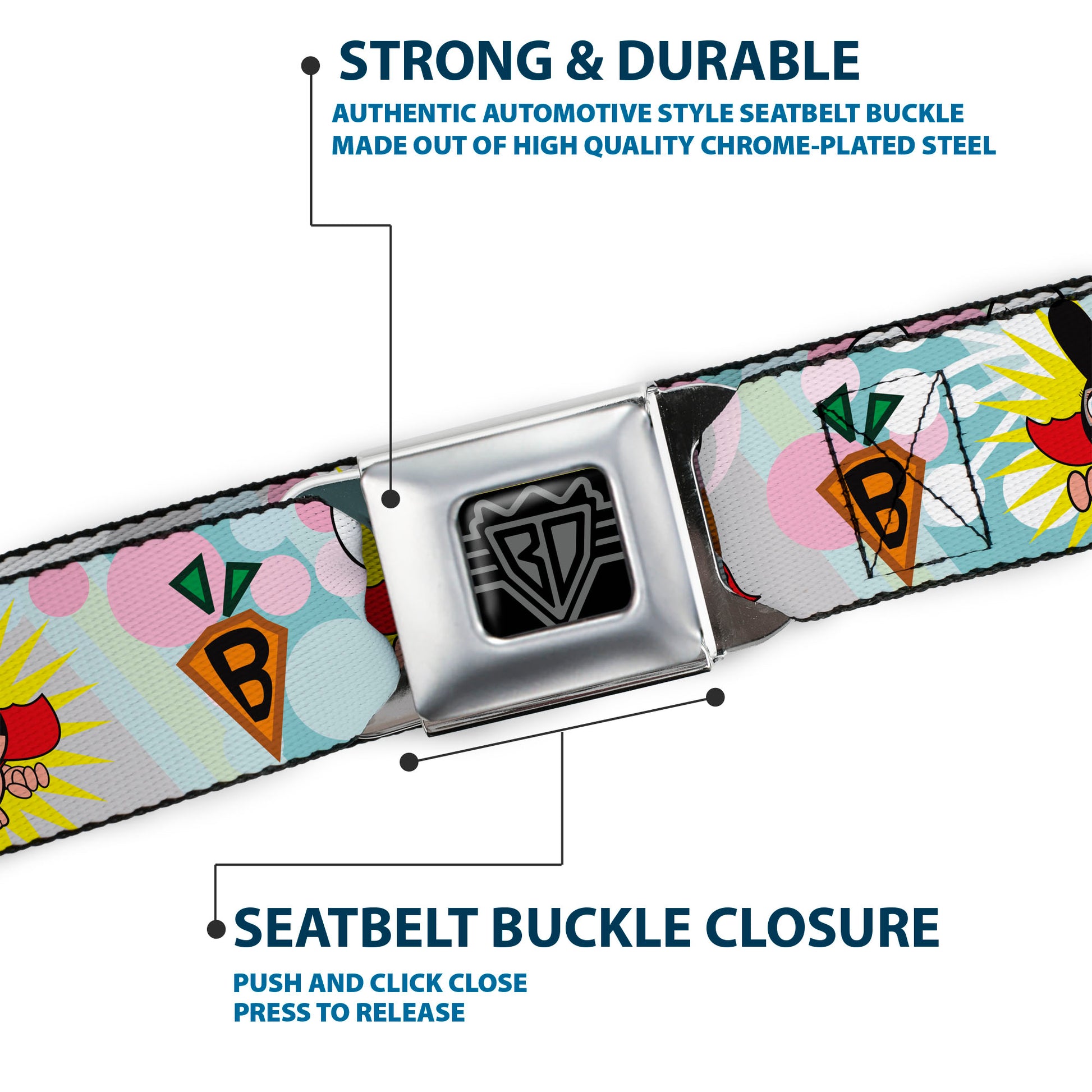 BD Wings Logo CLOSE-UP Full Color Black Silver Seatbelt Belt - Bunny Superhero Multi Pastel Webbing Seatbelt Belts Buckle-Down