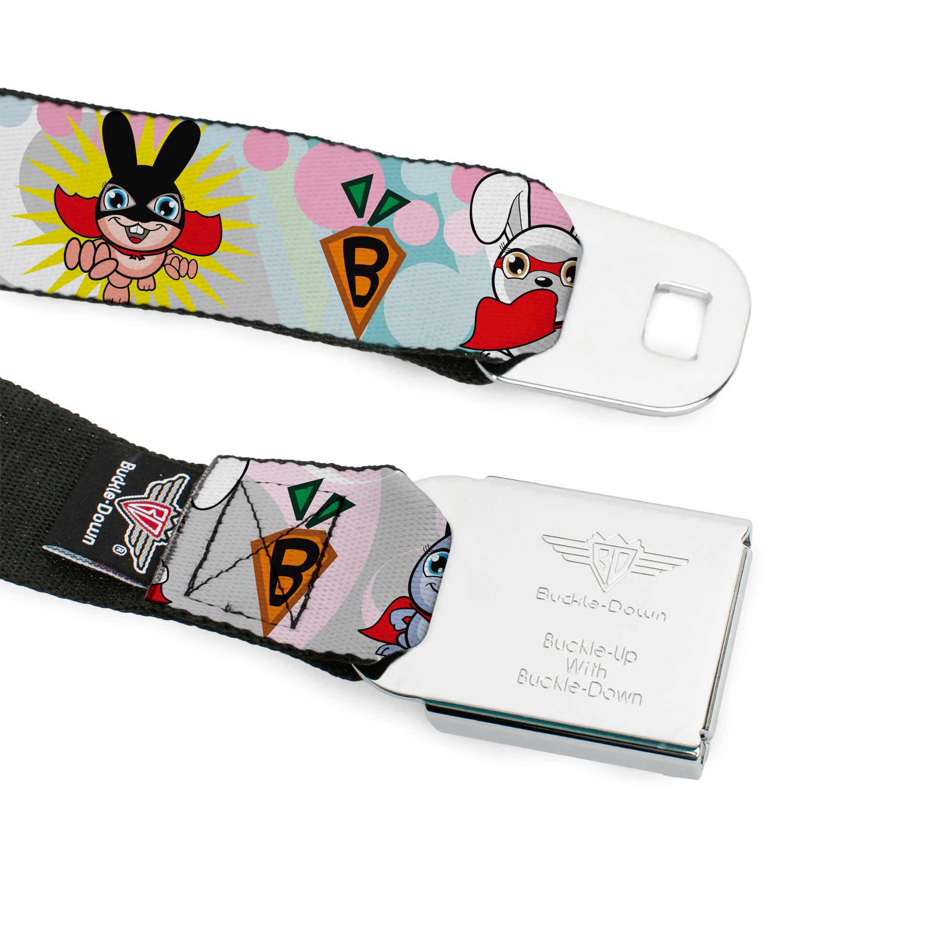 BD Wings Logo CLOSE-UP Full Color Black Silver Seatbelt Belt - Bunny Superhero Multi Pastel Webbing Seatbelt Belts Buckle-Down