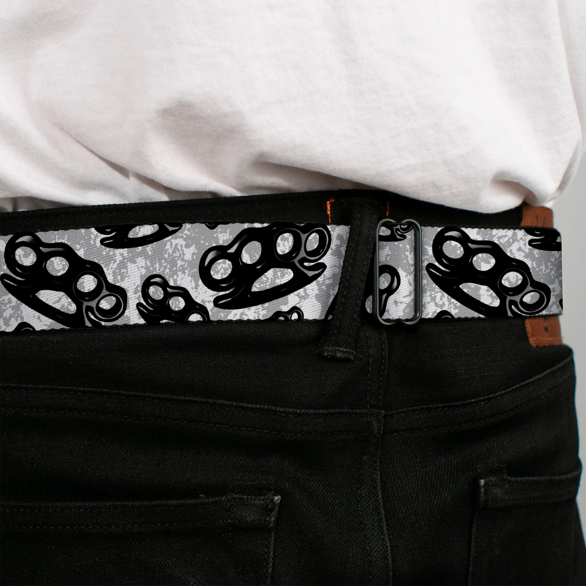 Seatbelt Belt - Brass Knuckles White/Gray/Black Seatbelt Belts Buckle-Down