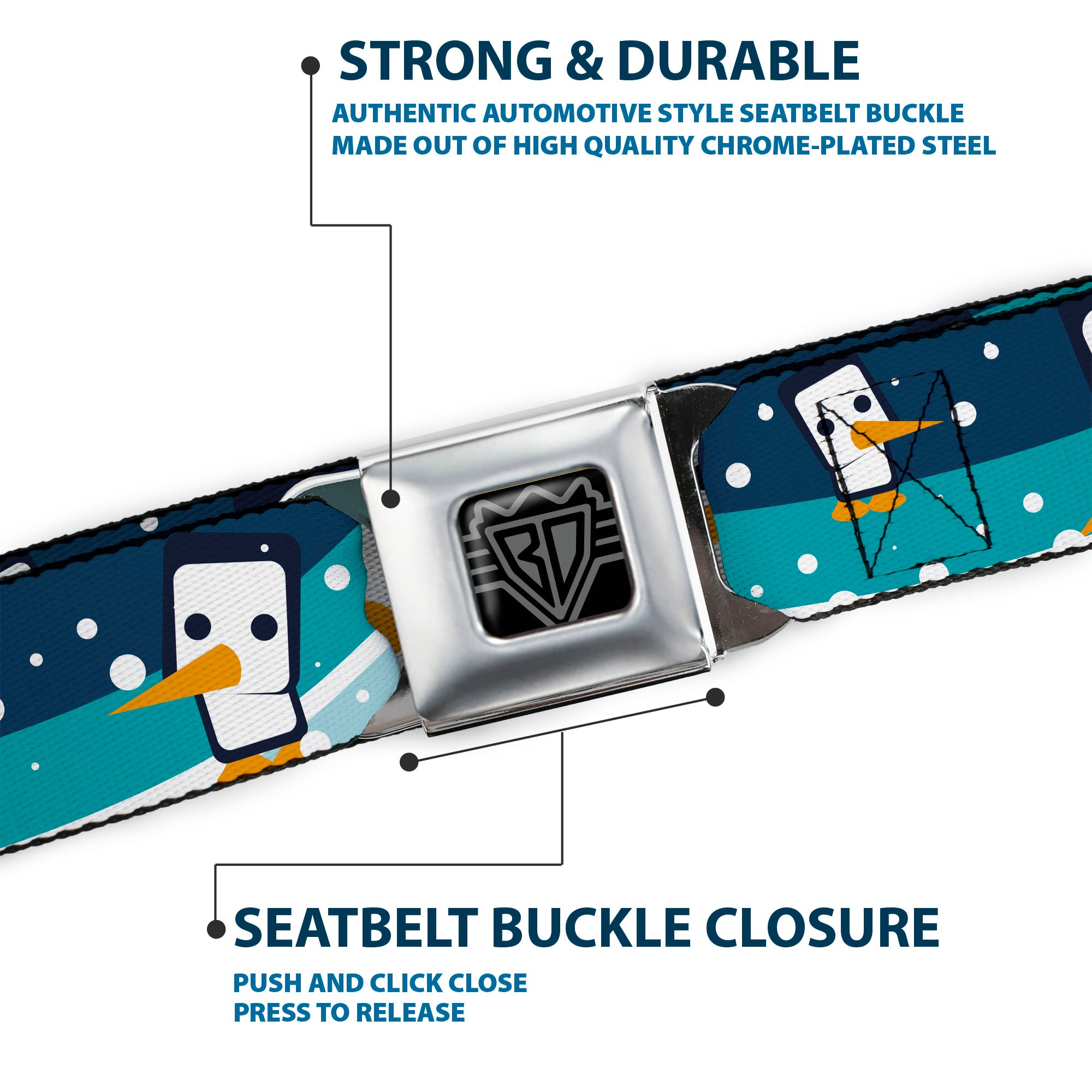 BD Wings Logo CLOSE-UP Full Color Black Silver Seatbelt Belt - Block Penguins Navy Webbing Seatbelt Belts Buckle-Down