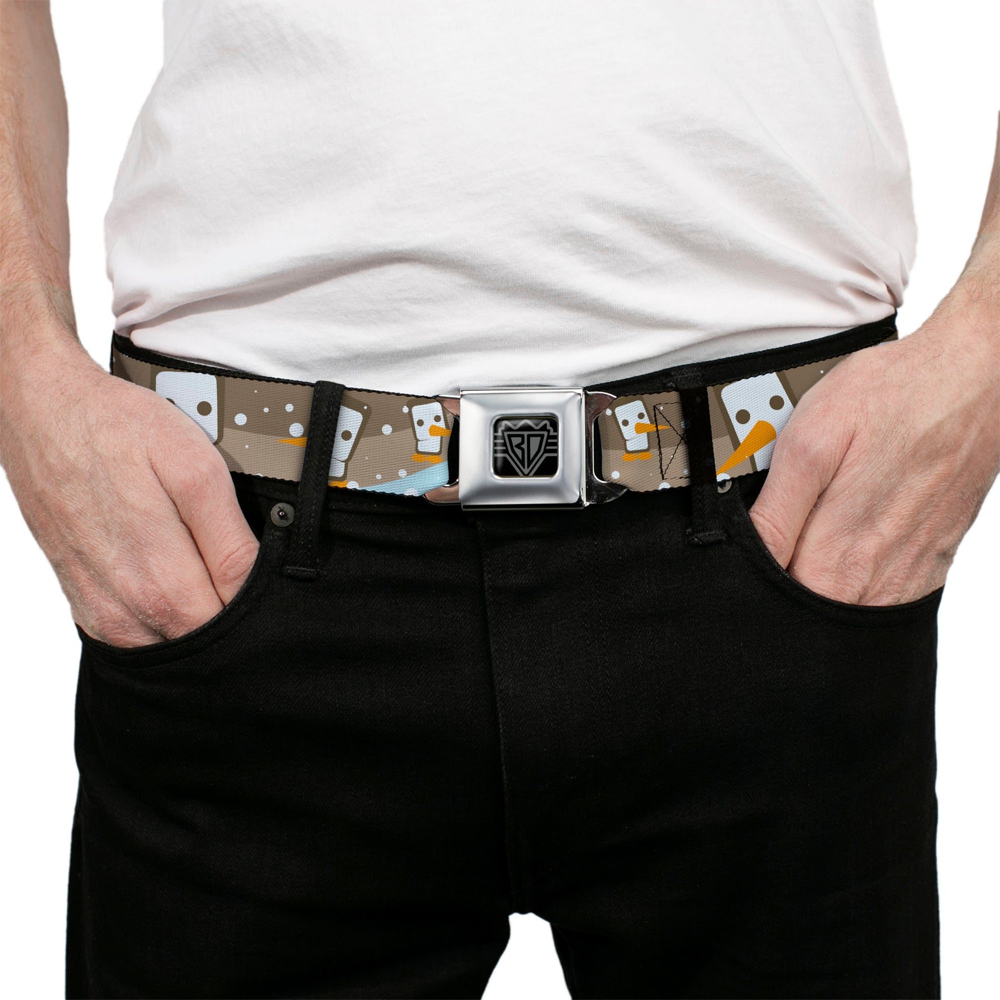 BD Wings Logo CLOSE-UP Full Color Black Silver Seatbelt Belt - Block Penguins Tan Webbing Seatbelt Belts Buckle-Down