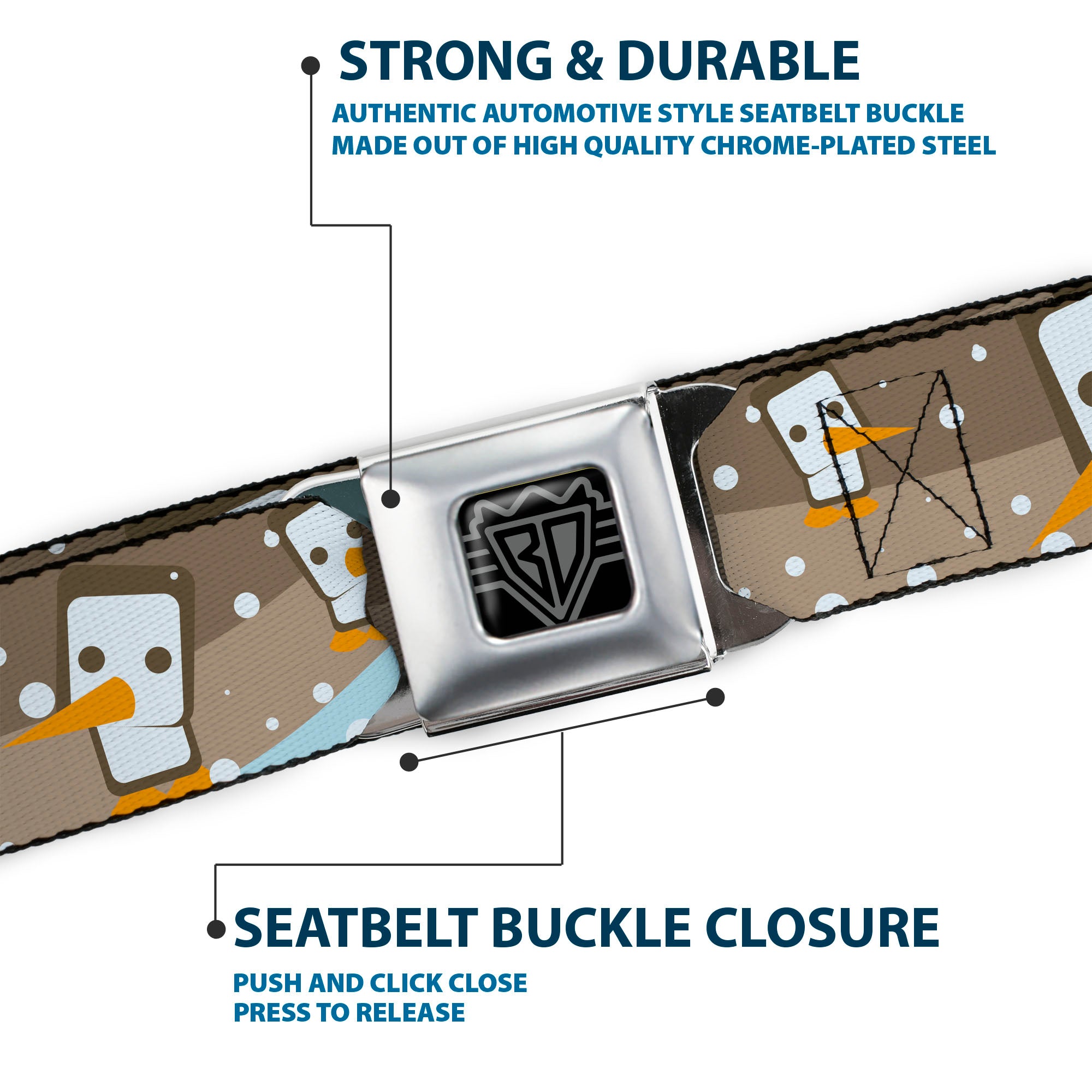 BD Wings Logo CLOSE-UP Full Color Black Silver Seatbelt Belt - Block Penguins Tan Webbing Seatbelt Belts Buckle-Down