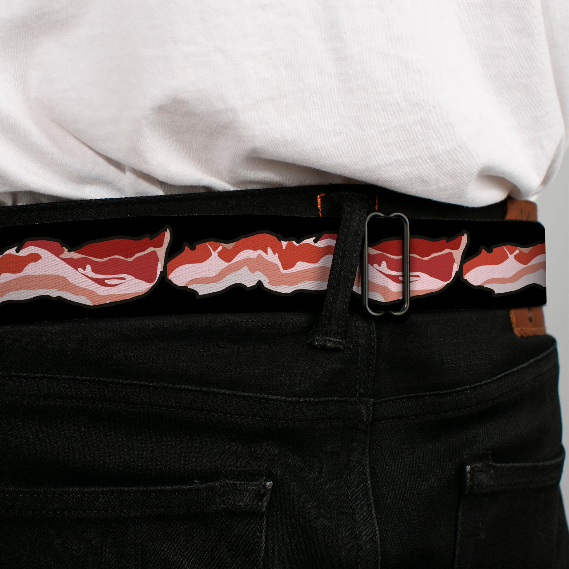 BD Wings Logo CLOSE-UP Full Color Black Silver Seatbelt Belt - Bacon Webbing Seatbelt Belts Buckle-Down