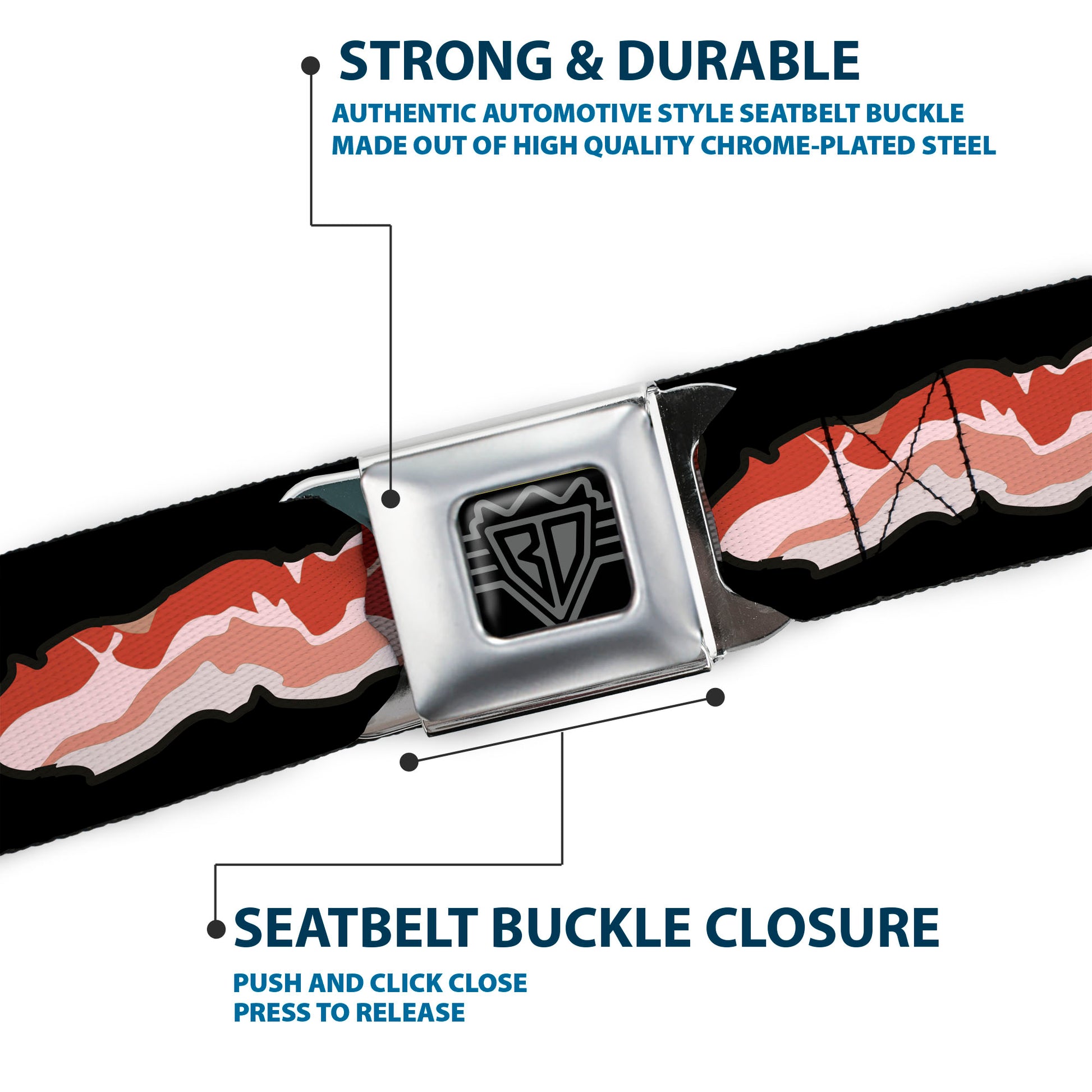 BD Wings Logo CLOSE-UP Full Color Black Silver Seatbelt Belt - Bacon Webbing Seatbelt Belts Buckle-Down