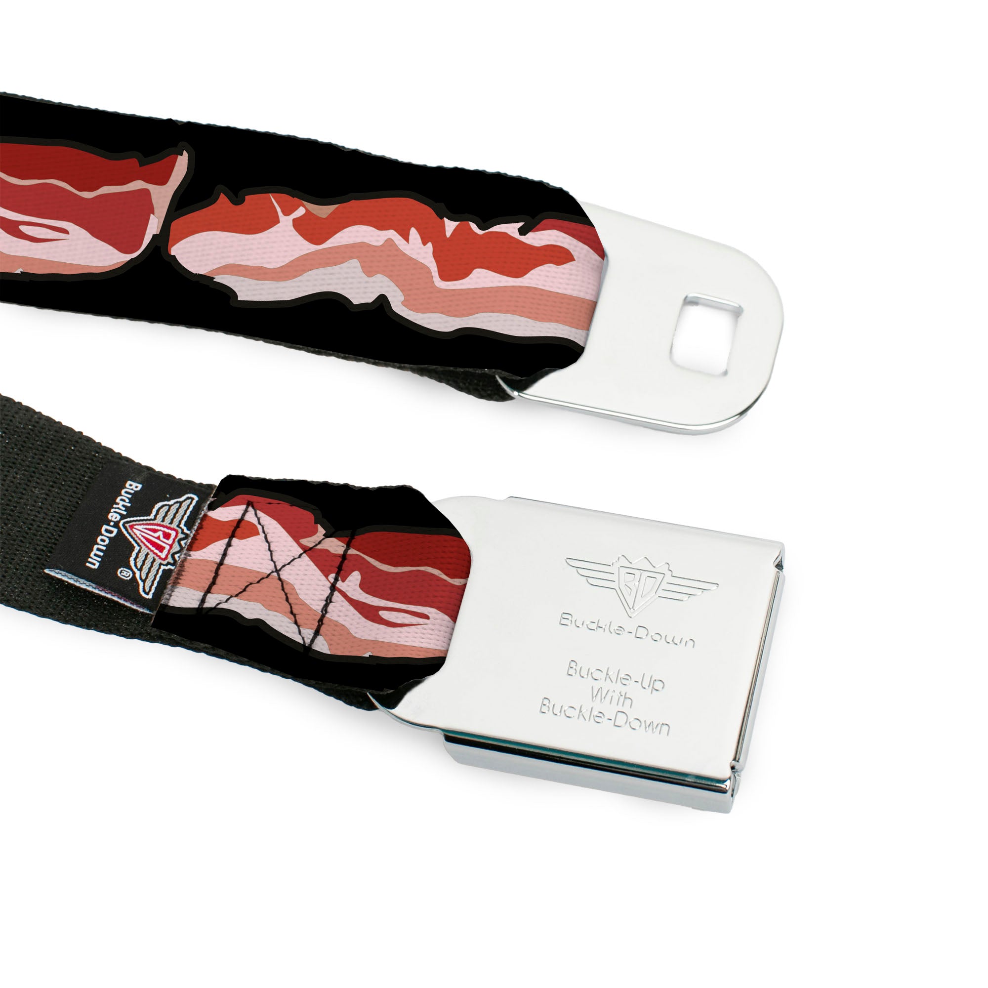 BD Wings Logo CLOSE-UP Full Color Black Silver Seatbelt Belt - Bacon Webbing Seatbelt Belts Buckle-Down