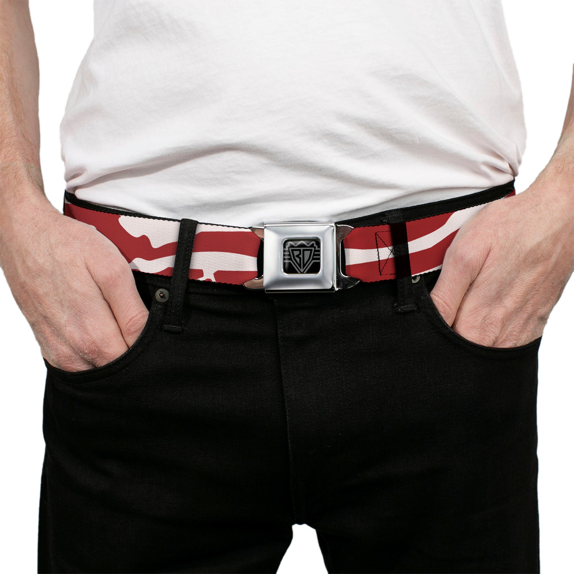 BD Wings Logo CLOSE-UP Full Color Black Silver Seatbelt Belt - Bacon CLOSE-UP Webbing Seatbelt Belts Buckle-Down