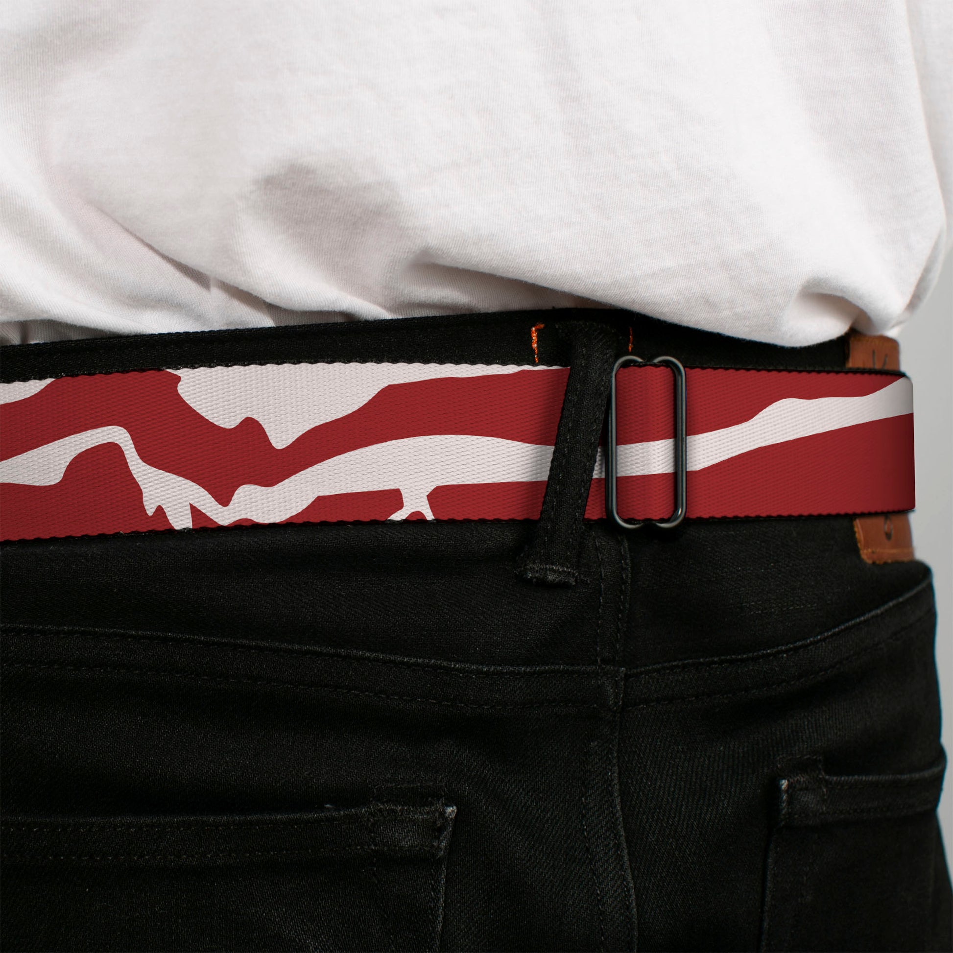 BD Wings Logo CLOSE-UP Full Color Black Silver Seatbelt Belt - Bacon CLOSE-UP Webbing Seatbelt Belts Buckle-Down