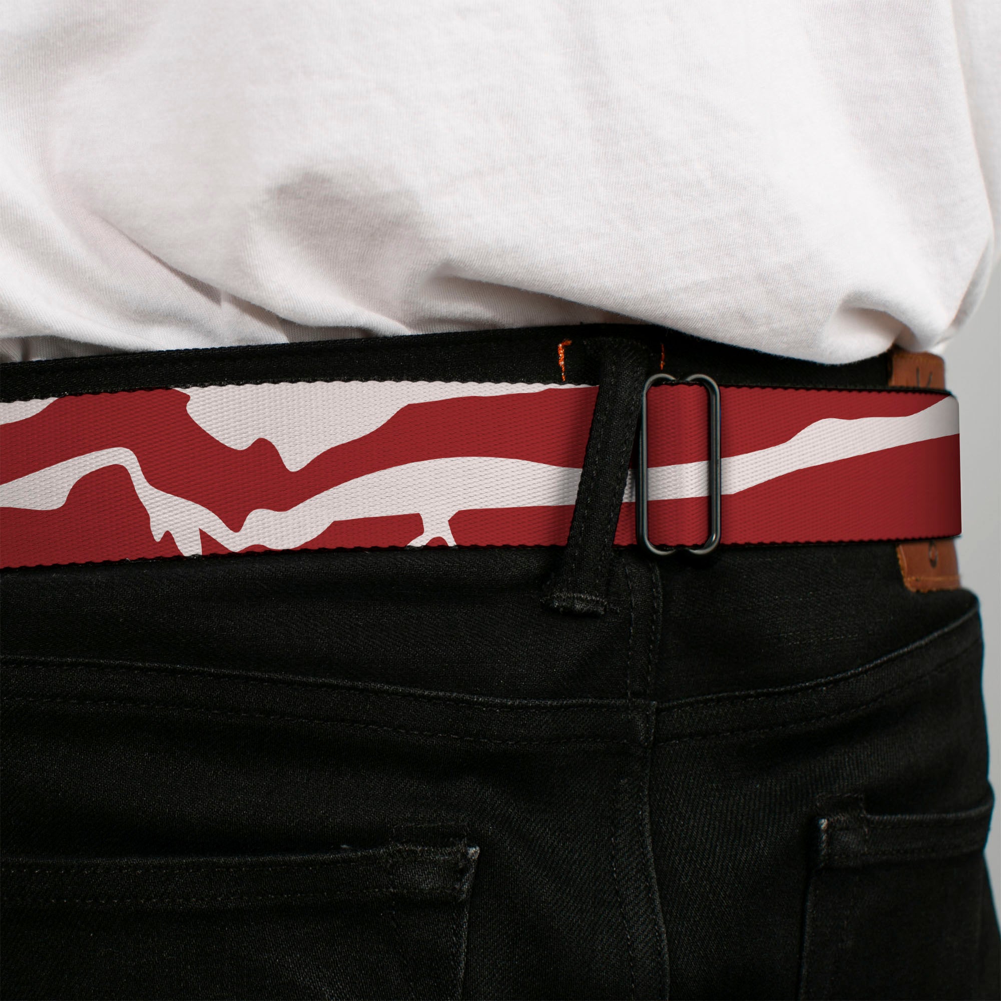 BD Wings Logo CLOSE-UP Full Color Black Silver Seatbelt Belt - Bacon CLOSE-UP Webbing Seatbelt Belts Buckle-Down