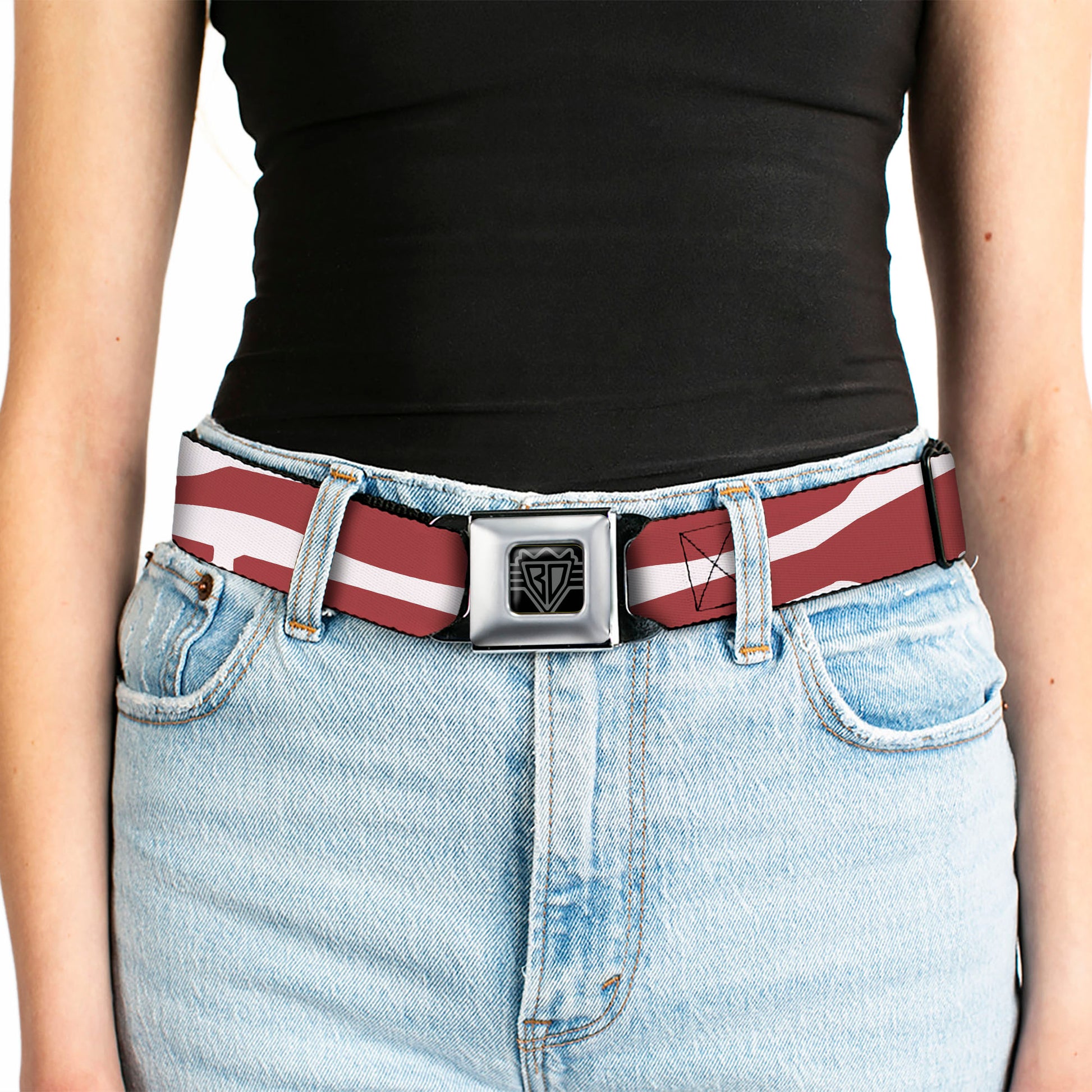 BD Wings Logo CLOSE-UP Full Color Black Silver Seatbelt Belt - Bacon CLOSE-UP Webbing Seatbelt Belts Buckle-Down
