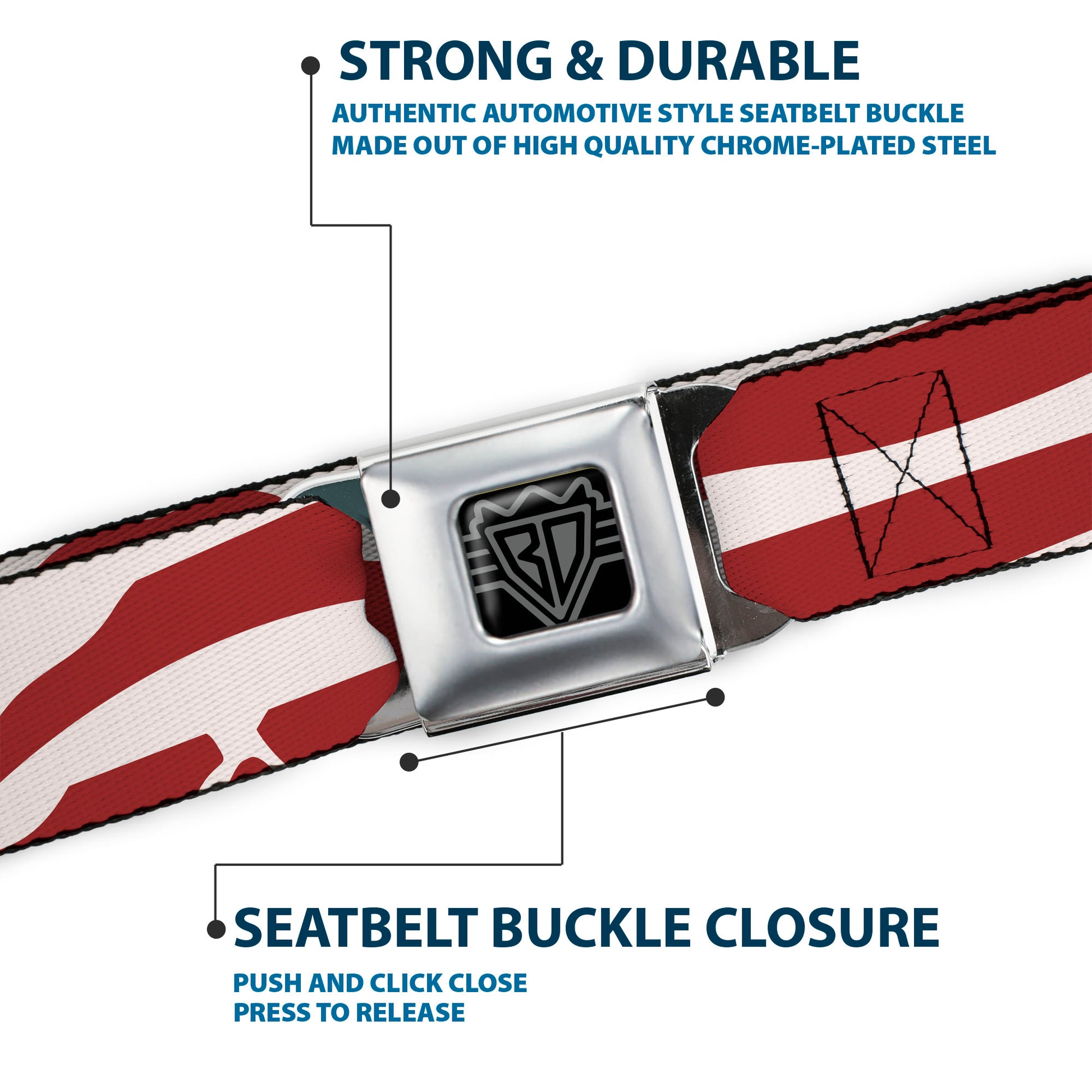 BD Wings Logo CLOSE-UP Full Color Black Silver Seatbelt Belt - Bacon CLOSE-UP Webbing Seatbelt Belts Buckle-Down