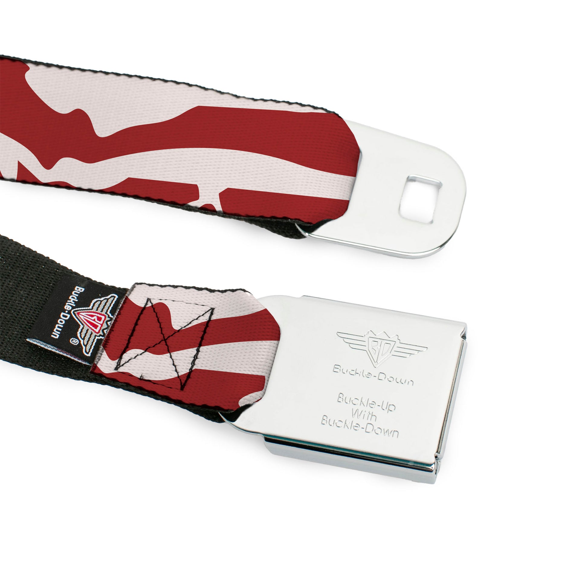 BD Wings Logo CLOSE-UP Full Color Black Silver Seatbelt Belt - Bacon CLOSE-UP Webbing Seatbelt Belts Buckle-Down