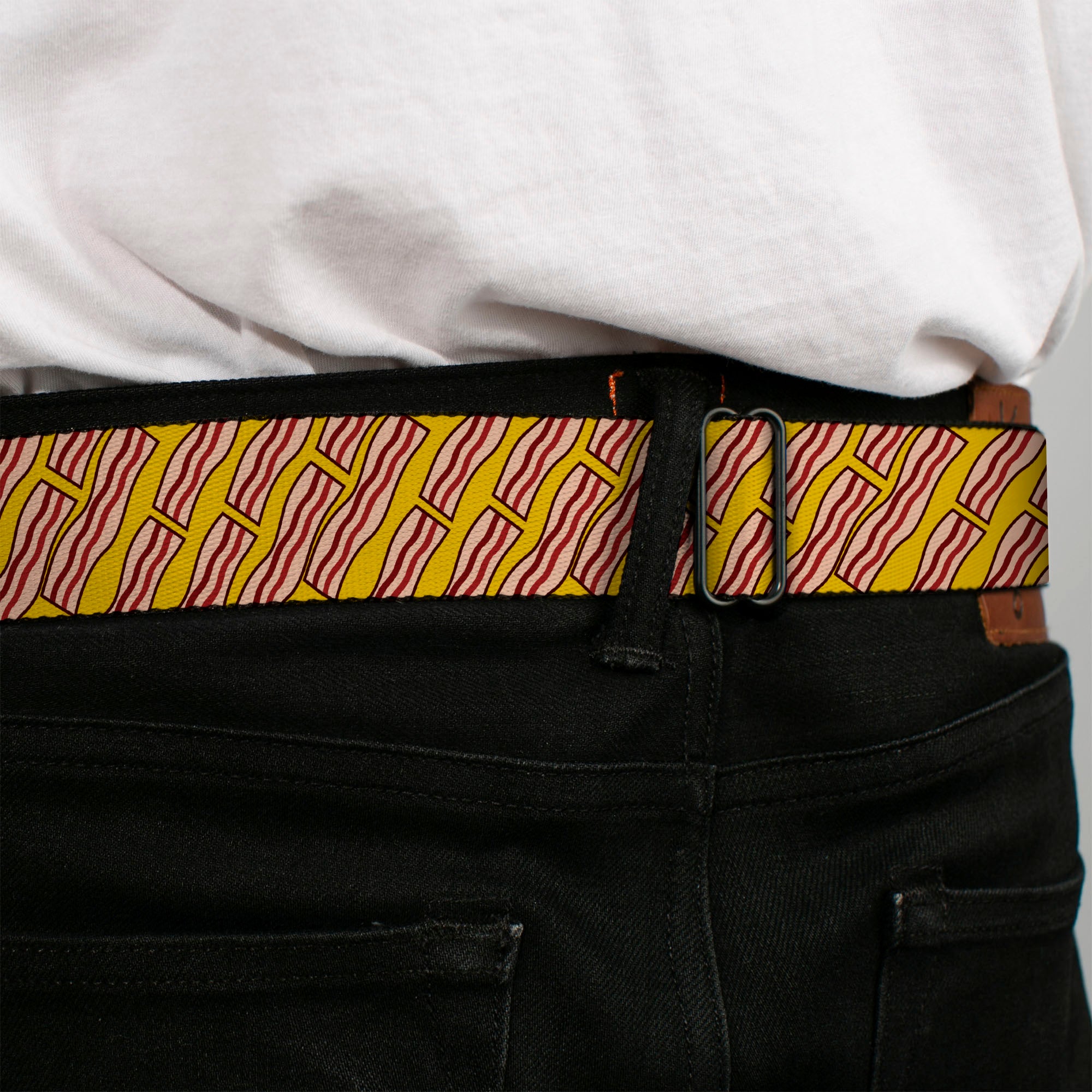 BD Wings Logo CLOSE-UP Full Color Black Silver Seatbelt Belt - Bacon Cartoon Yellow Webbing Seatbelt Belts Buckle-Down