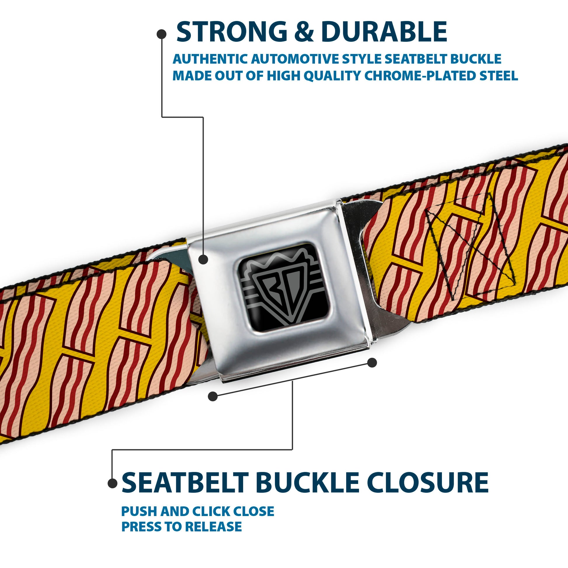 BD Wings Logo CLOSE-UP Full Color Black Silver Seatbelt Belt - Bacon Cartoon Yellow Webbing Seatbelt Belts Buckle-Down