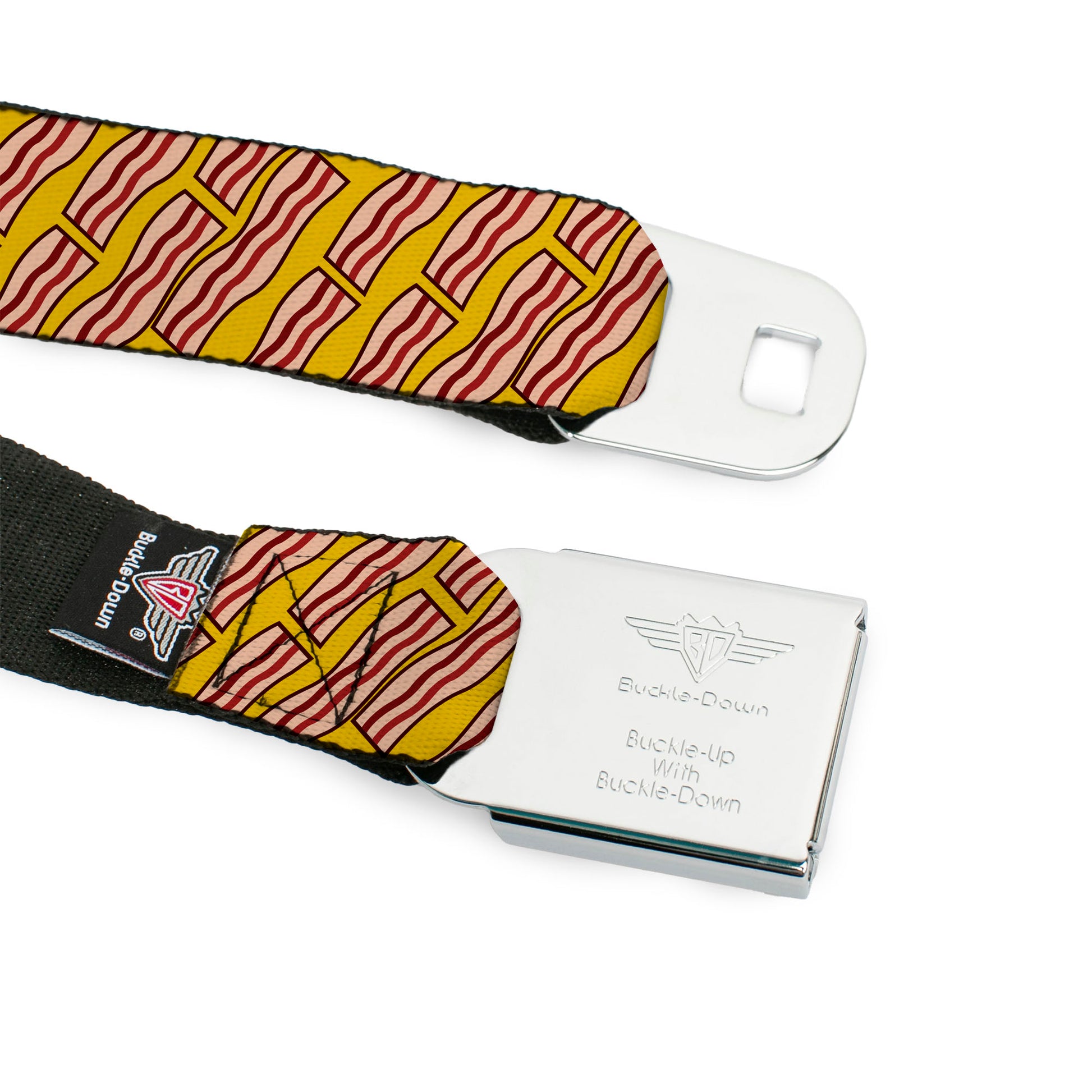 BD Wings Logo CLOSE-UP Full Color Black Silver Seatbelt Belt - Bacon Cartoon Yellow Webbing Seatbelt Belts Buckle-Down