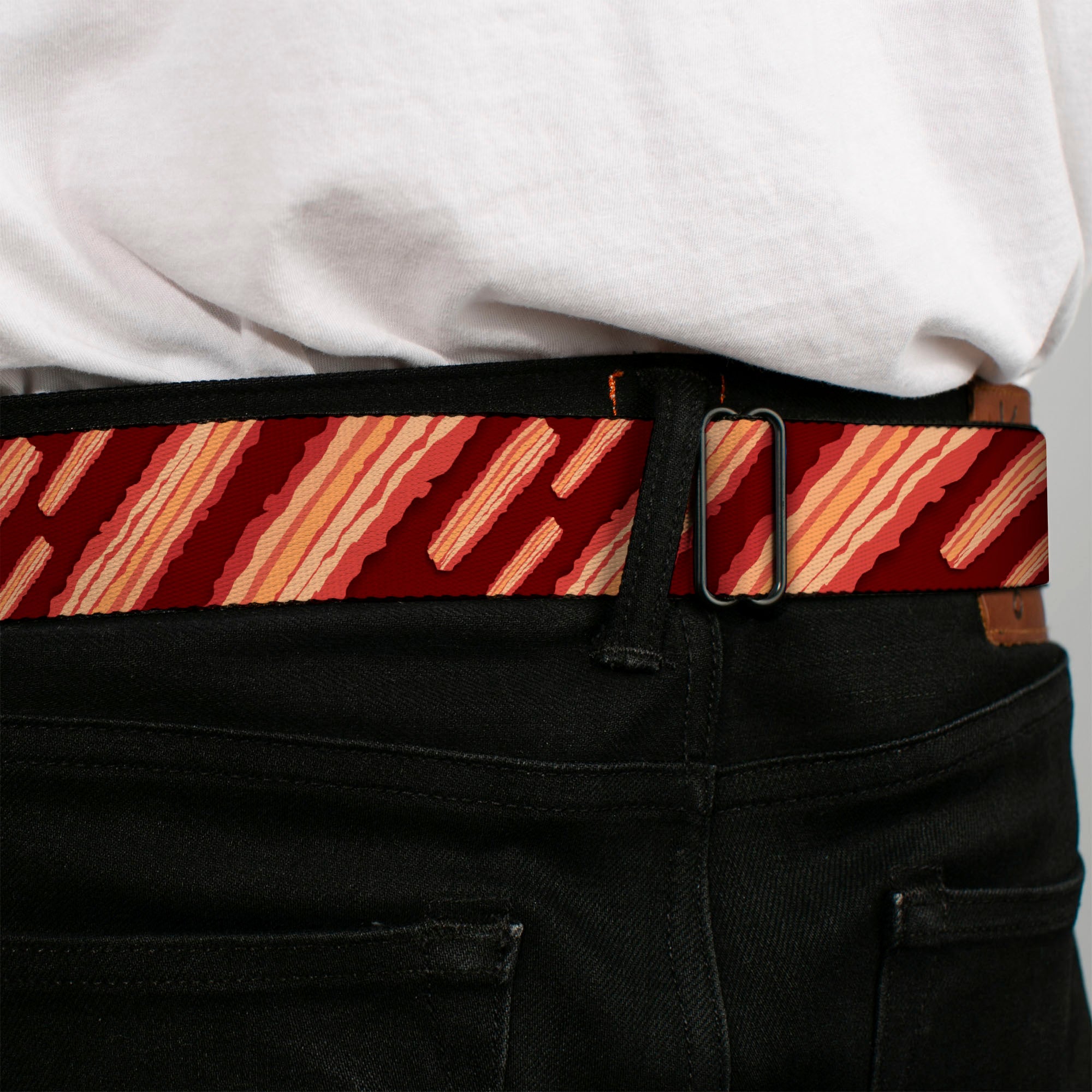 BD Wings Logo CLOSE-UP Full Color Black Silver Seatbelt Belt - Bacon Slices Maroon Webbing Seatbelt Belts Buckle-Down