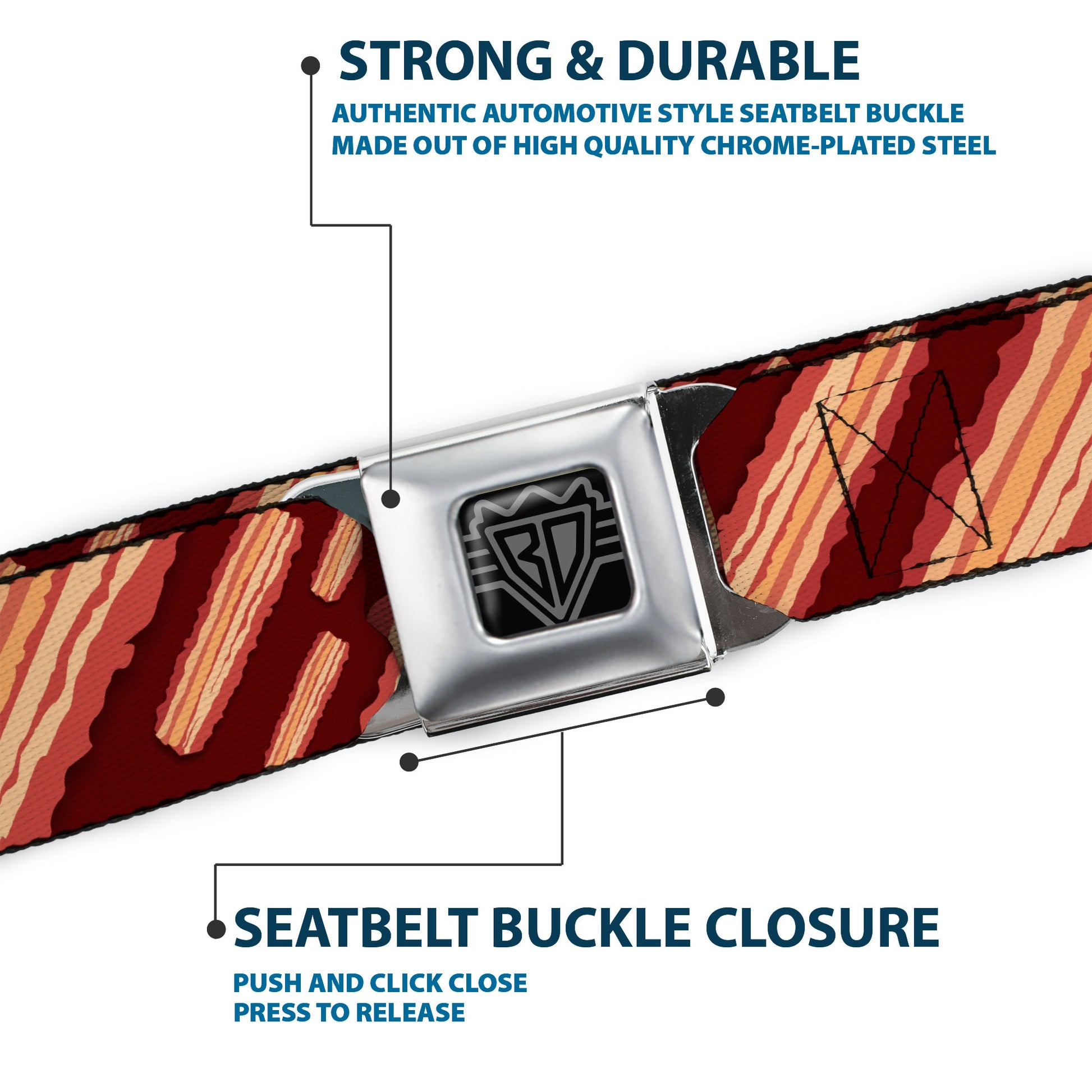 BD Wings Logo CLOSE-UP Full Color Black Silver Seatbelt Belt - Bacon Slices Maroon Webbing Seatbelt Belts Buckle-Down
