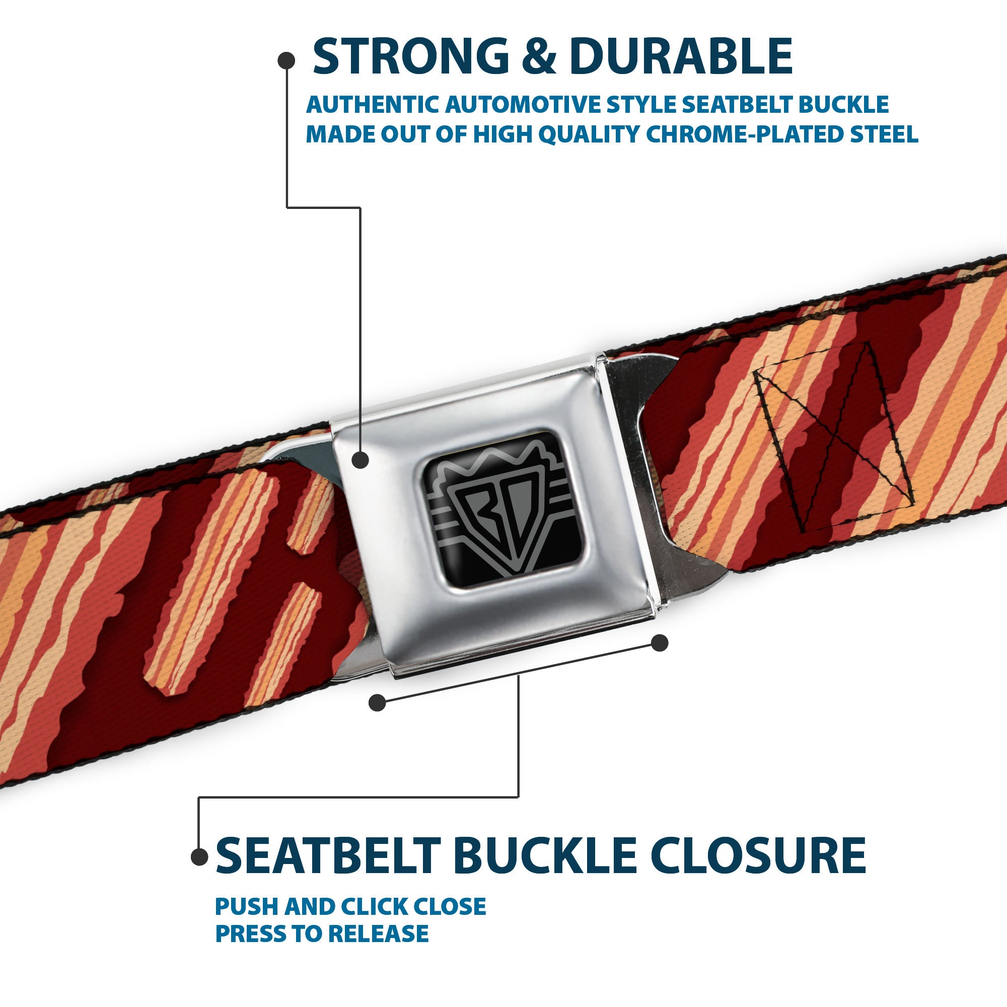 BD Wings Logo CLOSE-UP Full Color Black Silver Seatbelt Belt - Bacon Slices Maroon Webbing Seatbelt Belts Buckle-Down